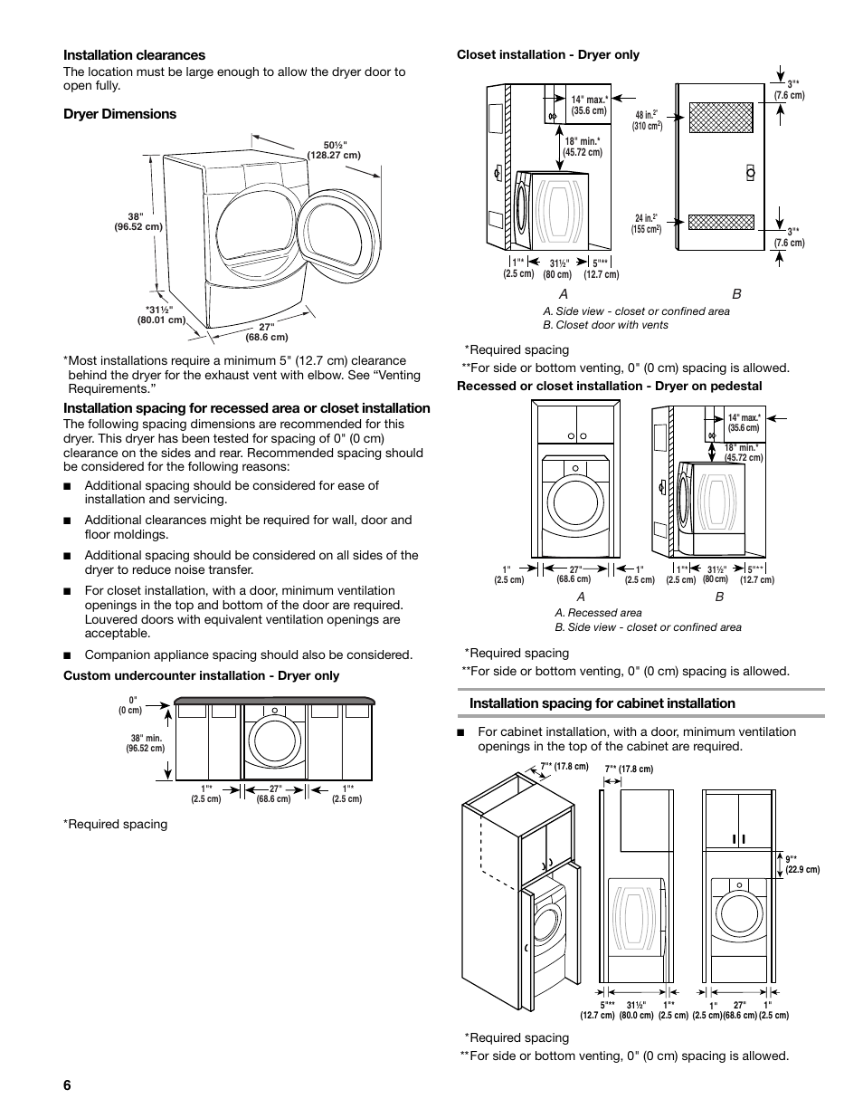 6installation clearances, Dryer dimensions, Installation spacing for cabinet installation | Sears 9709 User Manual | Page 6 / 52