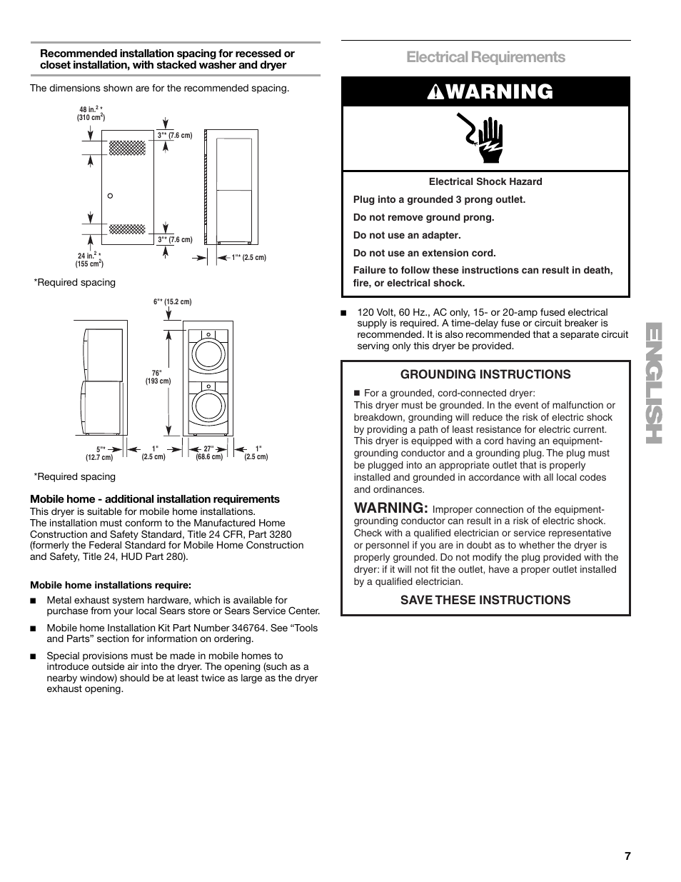 Warning, Electrical requirements, Grounding instructions save these instructions | Sears 9709 User Manual | Page 7 / 52