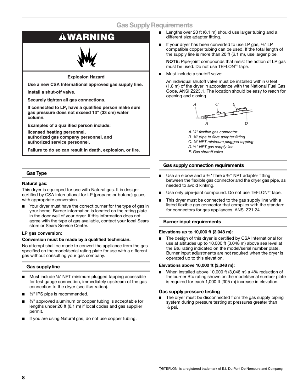 Warning, Gas supply requirements | Sears 9709 User Manual | Page 8 / 52