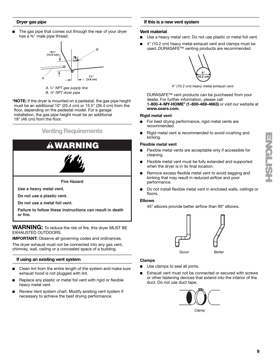 Venting requirements, Warning | Sears 9709 User Manual | Page 9 / 52