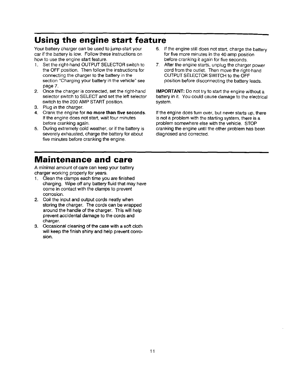 Using the engine start feature, Maintenance and care | Sears 200.71440 User Manual | Page 12 / 14