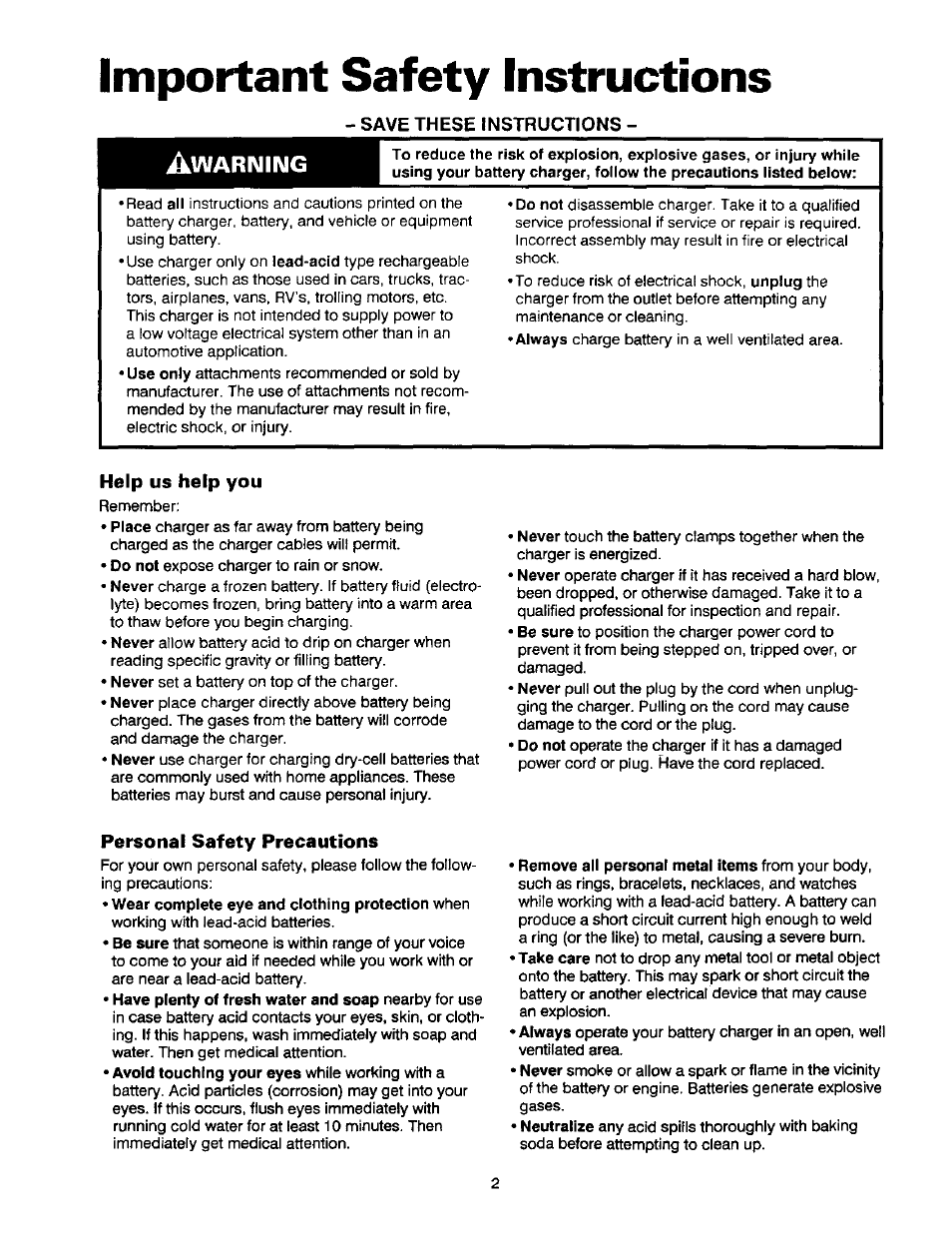 Important safety instructions, Save these instructions, Help us help you | Personal safety precautions, Warning | Sears 200.71440 User Manual | Page 3 / 14
