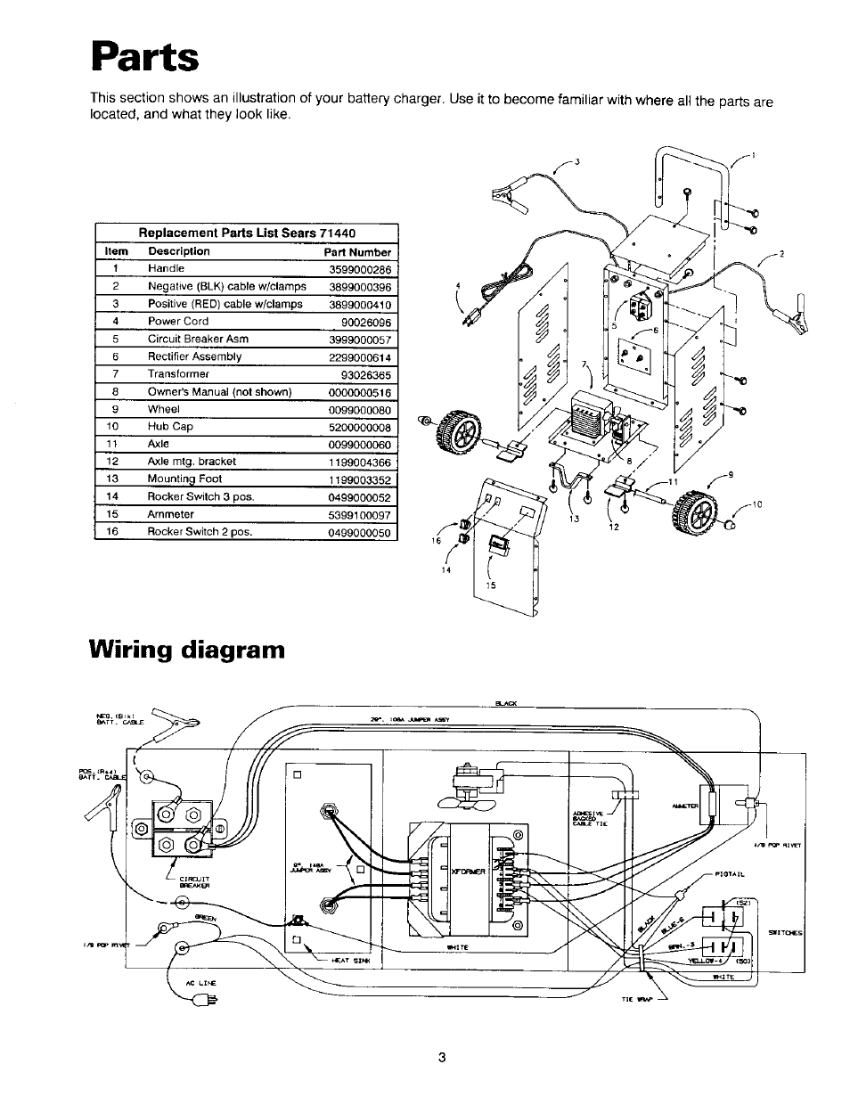Parts, Wiring diagram | Sears 200.71440 User Manual | Page 4 / 14