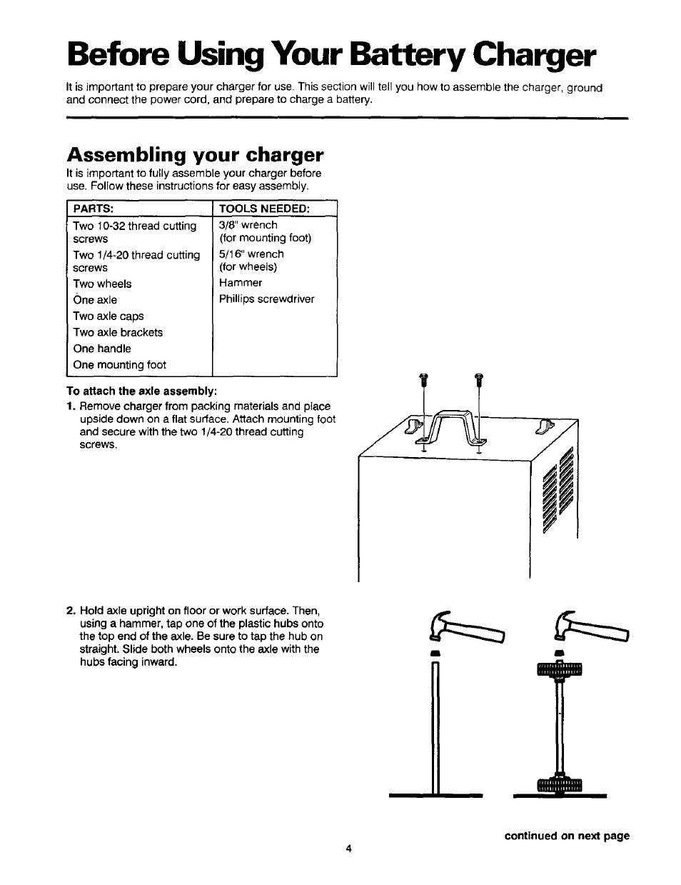 Before using your battery charger, Assembling your charger | Sears 200.71440 User Manual | Page 5 / 14
