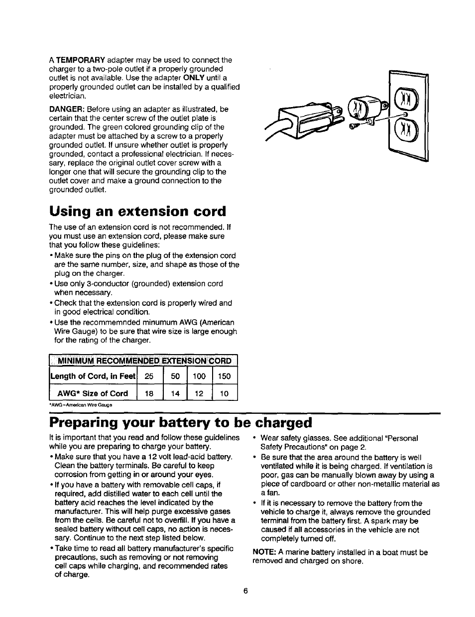 Using an extension cord, Preparing your battery to be charged | Sears 200.71440 User Manual | Page 7 / 14