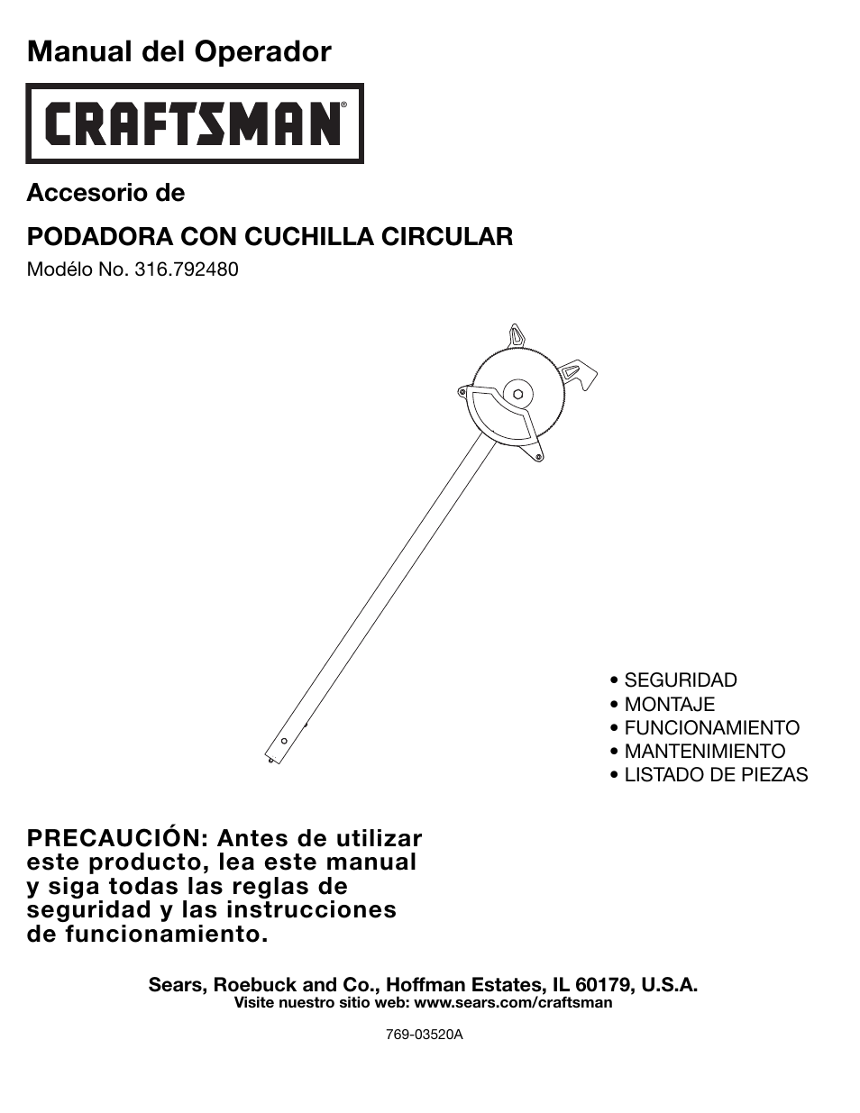Manual del operador, Accesorio de podadora con cuchilla circular | Sears 316.79248 User Manual | Page 9 / 20
