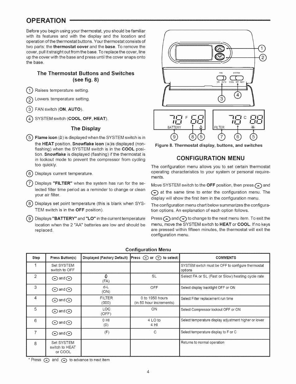 The thermostat buttons and switches (see fig. 8), The display, Configuration menu | Sears 1F86-382 User Manual | Page 4 / 8