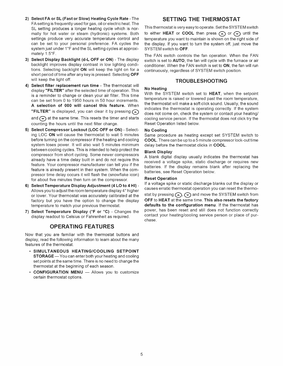 Operating features, Setting the thermostat, Troubleshooting | Sears 1F86-382 User Manual | Page 5 / 8