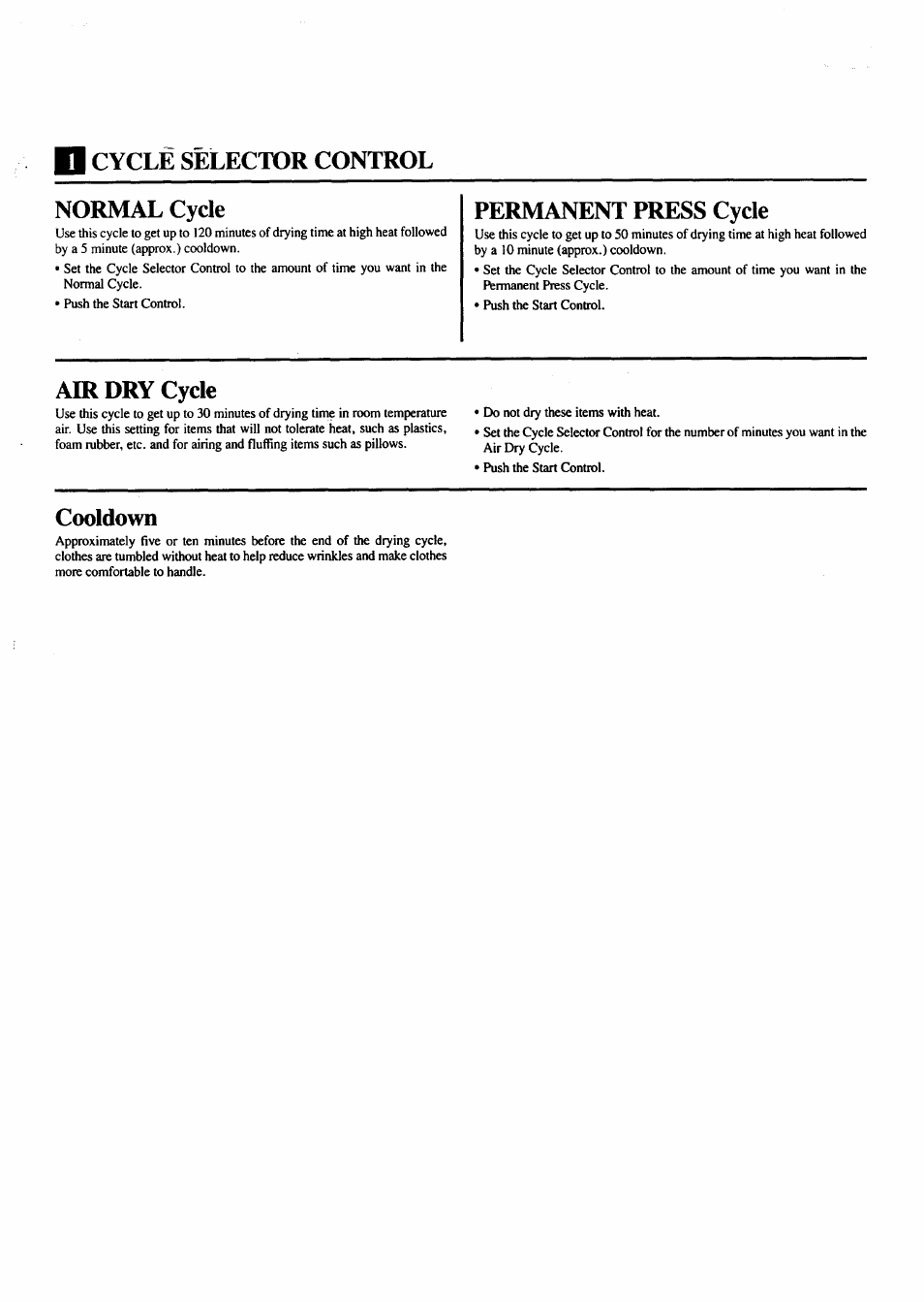 Cycle selector control, Cooldown, Air dry cycle | Sears 74291 User Manual | Page 3 / 4