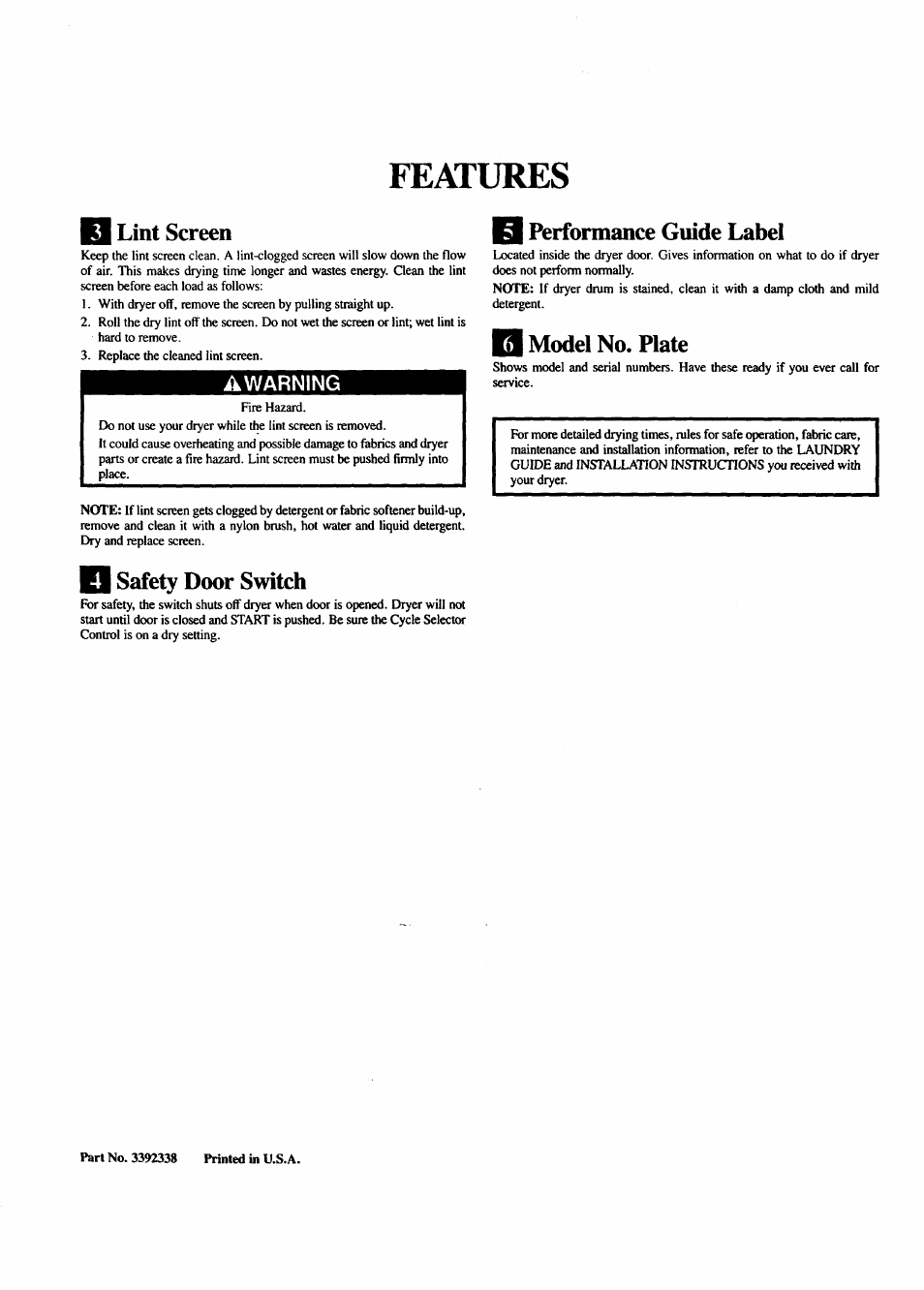 Features, Q lint screen, Safety door switch | B performance guide label, B model no. plate | Sears 74291 User Manual | Page 4 / 4