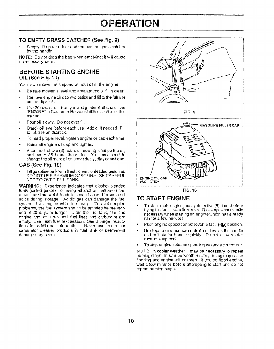 Oil (see fig. 10), Gas (see fig. 10), To start engine | Operation | Sears 917.372852 User Manual | Page 10 / 28