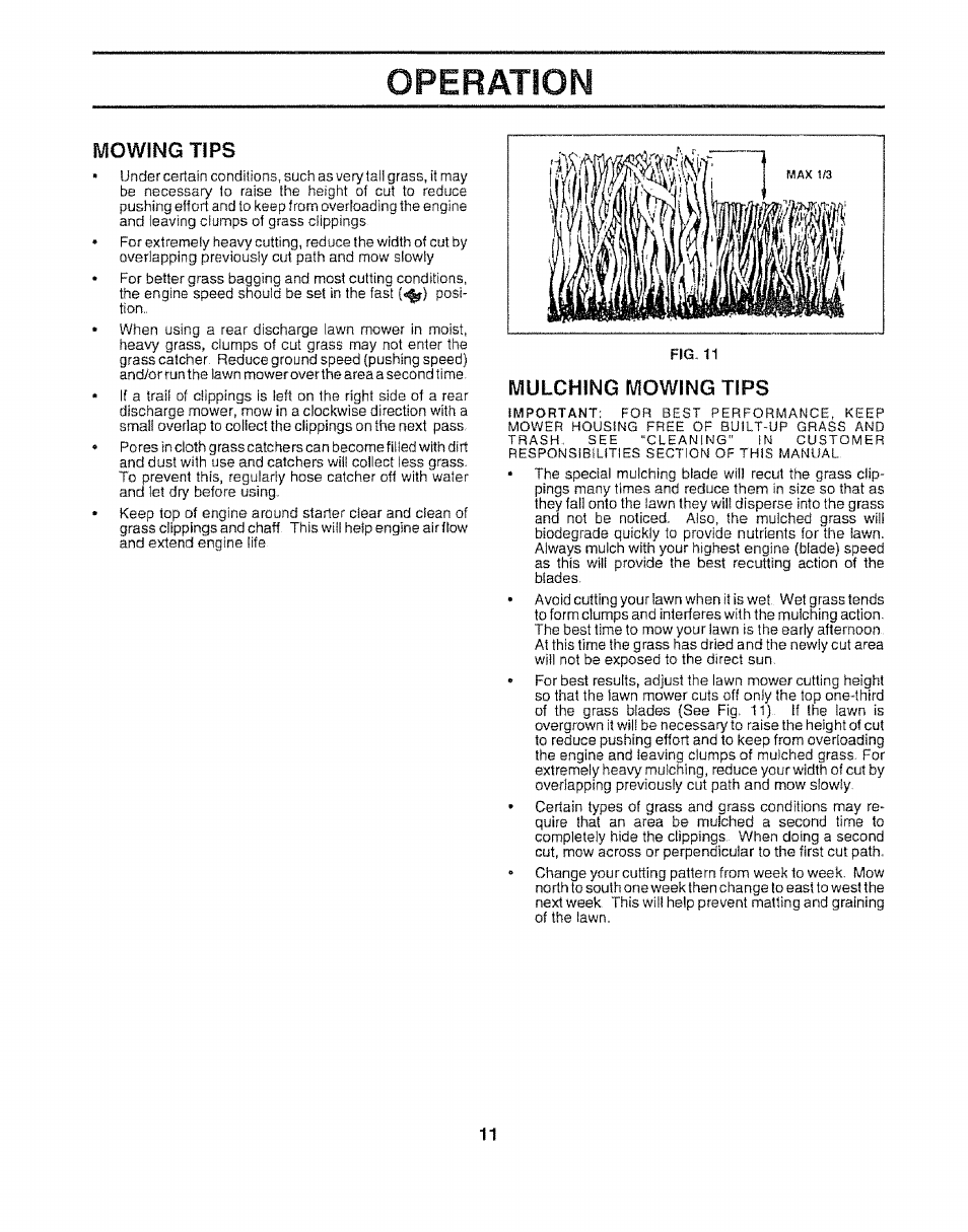 Mulching mowing tips, Operation | Sears 917.372852 User Manual | Page 11 / 28
