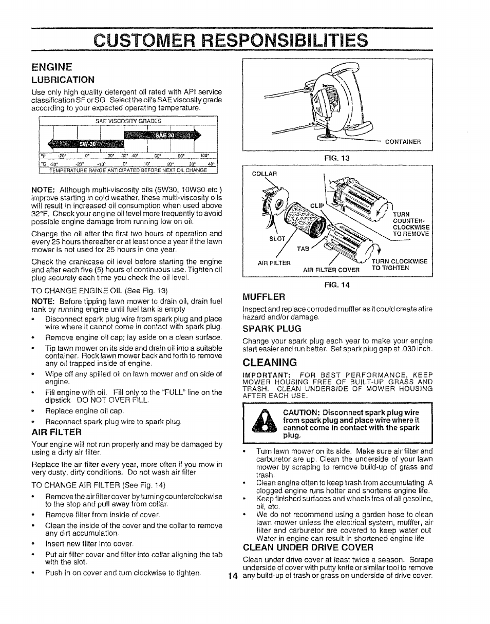 Engine, Lubrication, Air filter | Muffler, Spark plug, Cleaning, Clean under drive cover, Customer responsibilities, Engine lubrication | Sears 917.372852 User Manual | Page 14 / 28