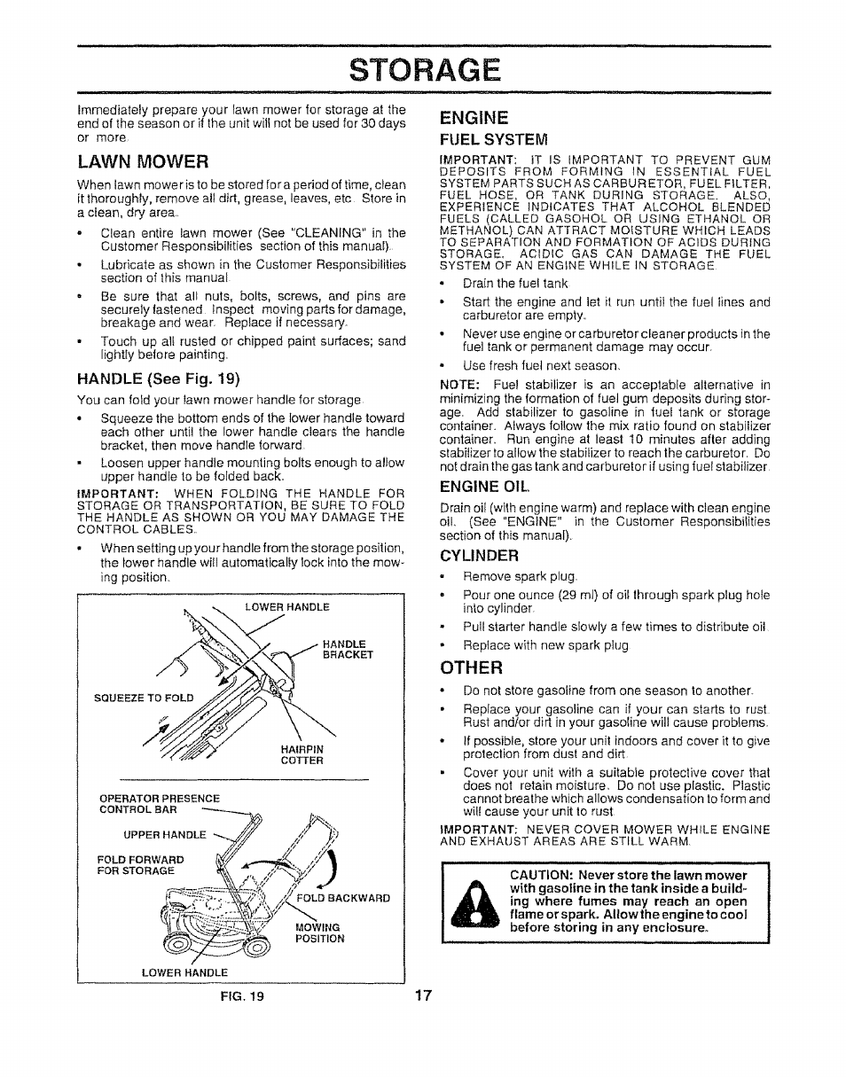 Lawn mower, Enq!ne, Fuel system | Engine oil, Cylinder, Dxhiefi, Storage, Handle <see fig. 19) | Sears 917.372852 User Manual | Page 17 / 28