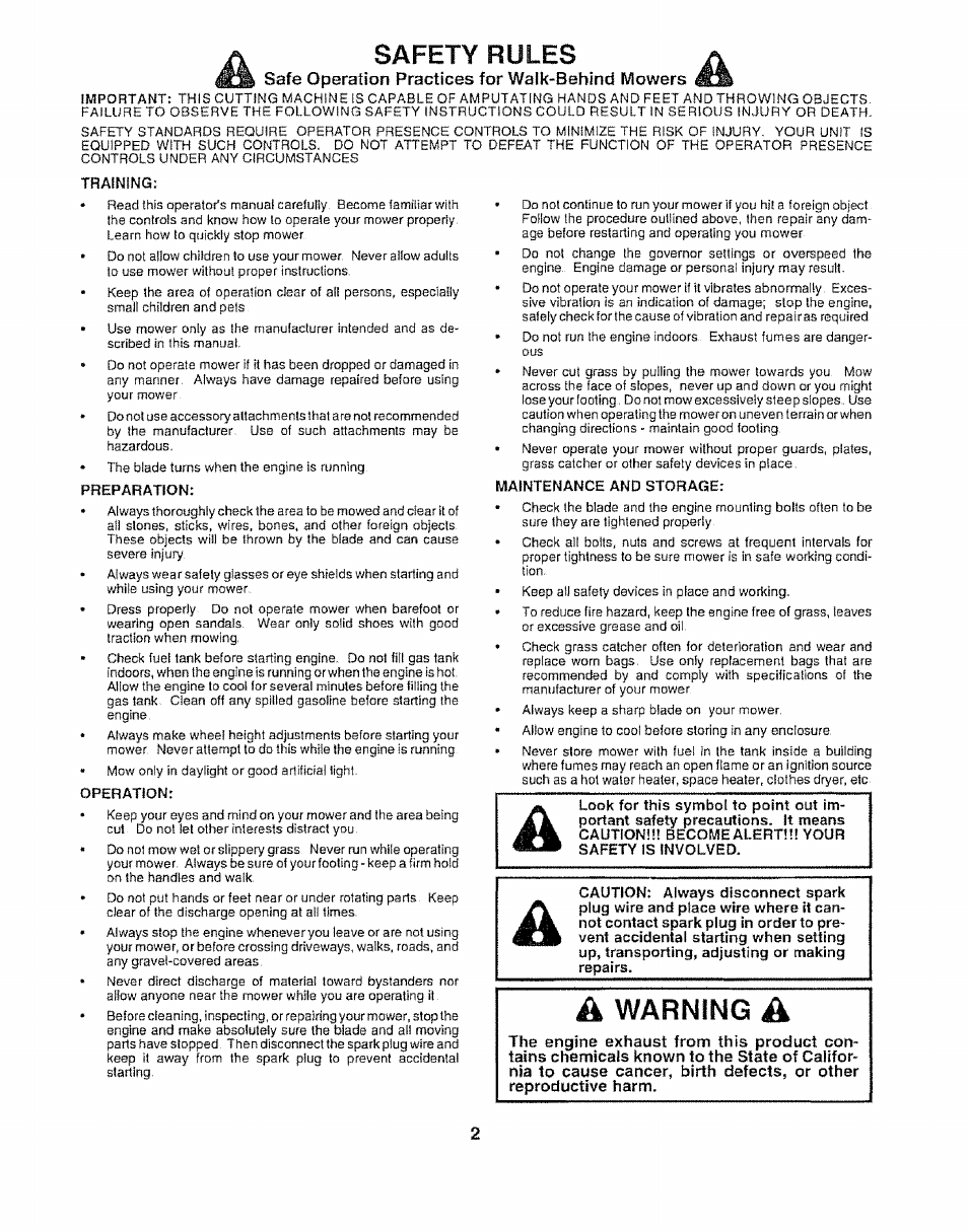 Safety rules, Safe operation practices for walk-behind mowers, Warning | Sears 917.372852 User Manual | Page 2 / 28
