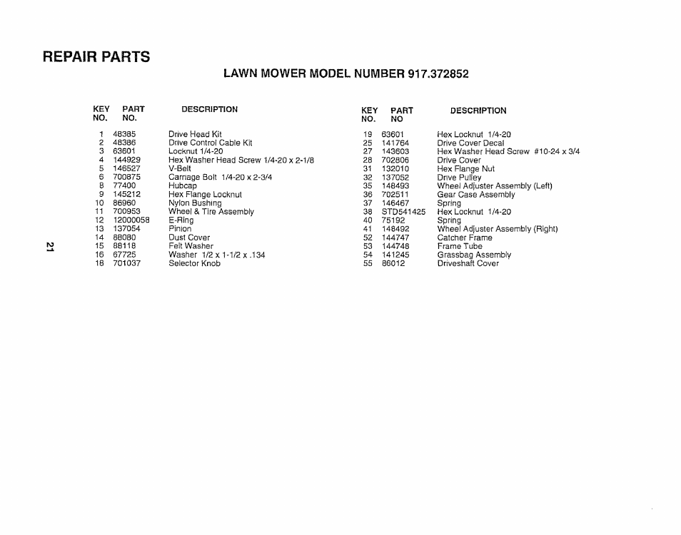 Repair parts | Sears 917.372852 User Manual | Page 21 / 28