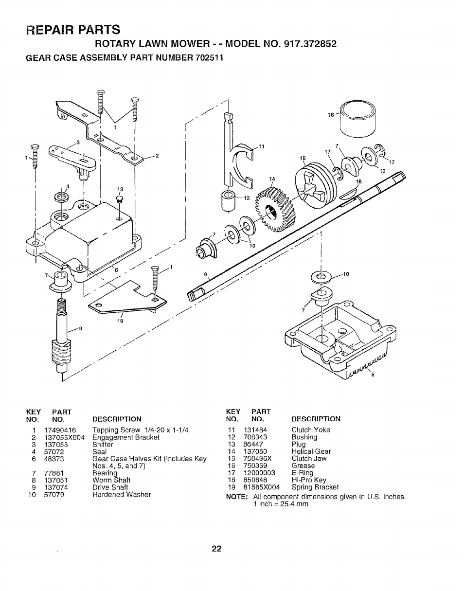 Rotary lawn mower - - model no. 917.372852, Gear case assembly part number 702511, Repair parts | Sears 917.372852 User Manual | Page 22 / 28