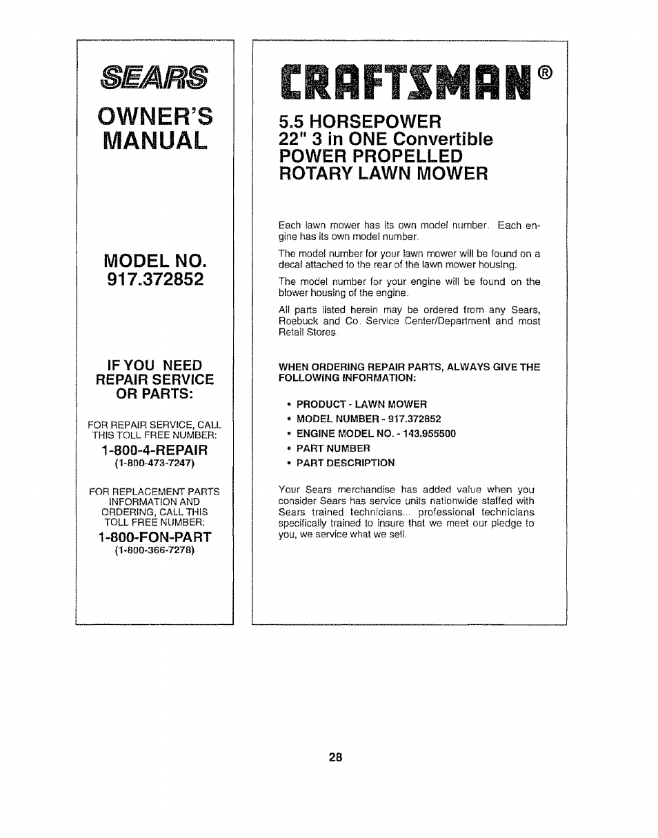 Crrftsmrn, Ssairs, Owner’s manual | Model no | Sears 917.372852 User Manual | Page 28 / 28