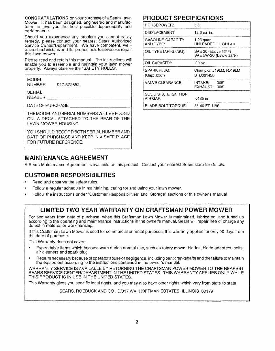 Product specifications, Maintenance agreement, Customer responsibilities | Limited two year warranty on craftsman power mower | Sears 917.372852 User Manual | Page 3 / 28