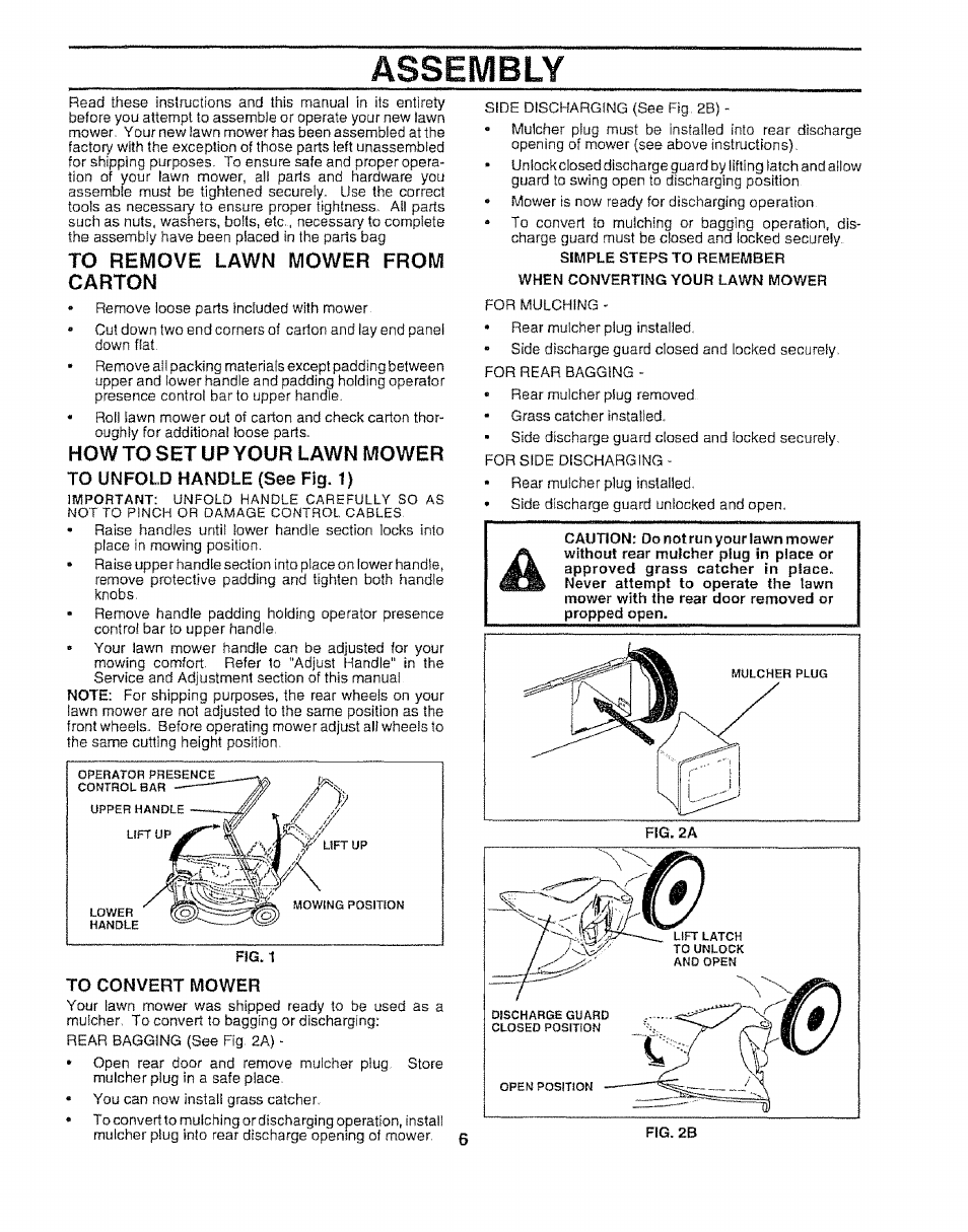 To reiviove lawn mower from carton, Howto set up your lawn mower, To unfold handle (see fig. 1) | To convert mower, Assembly | Sears 917.372852 User Manual | Page 6 / 28