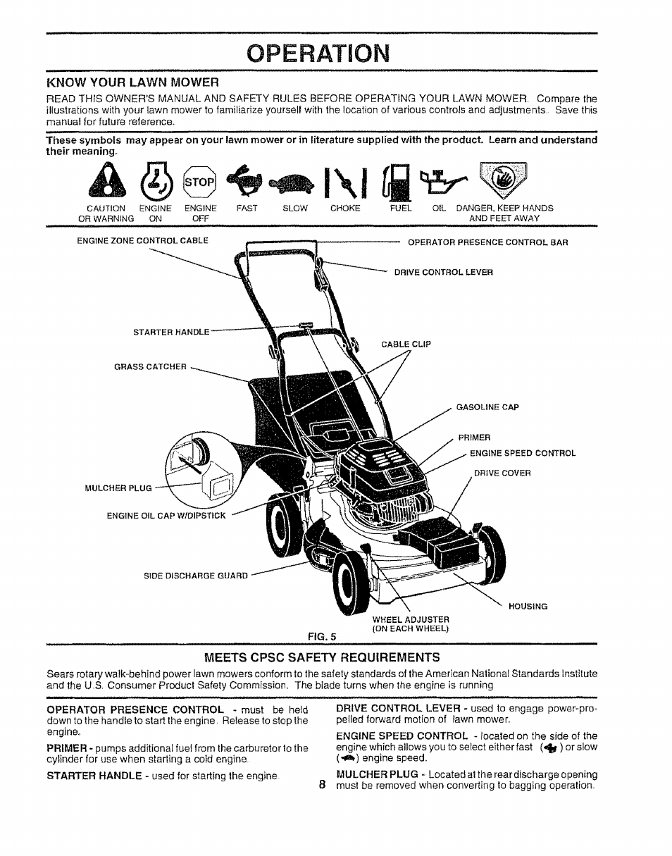 Know your lawn mower, Meets cpsc safety requirements, Operation | Sears 917.372852 User Manual | Page 8 / 28