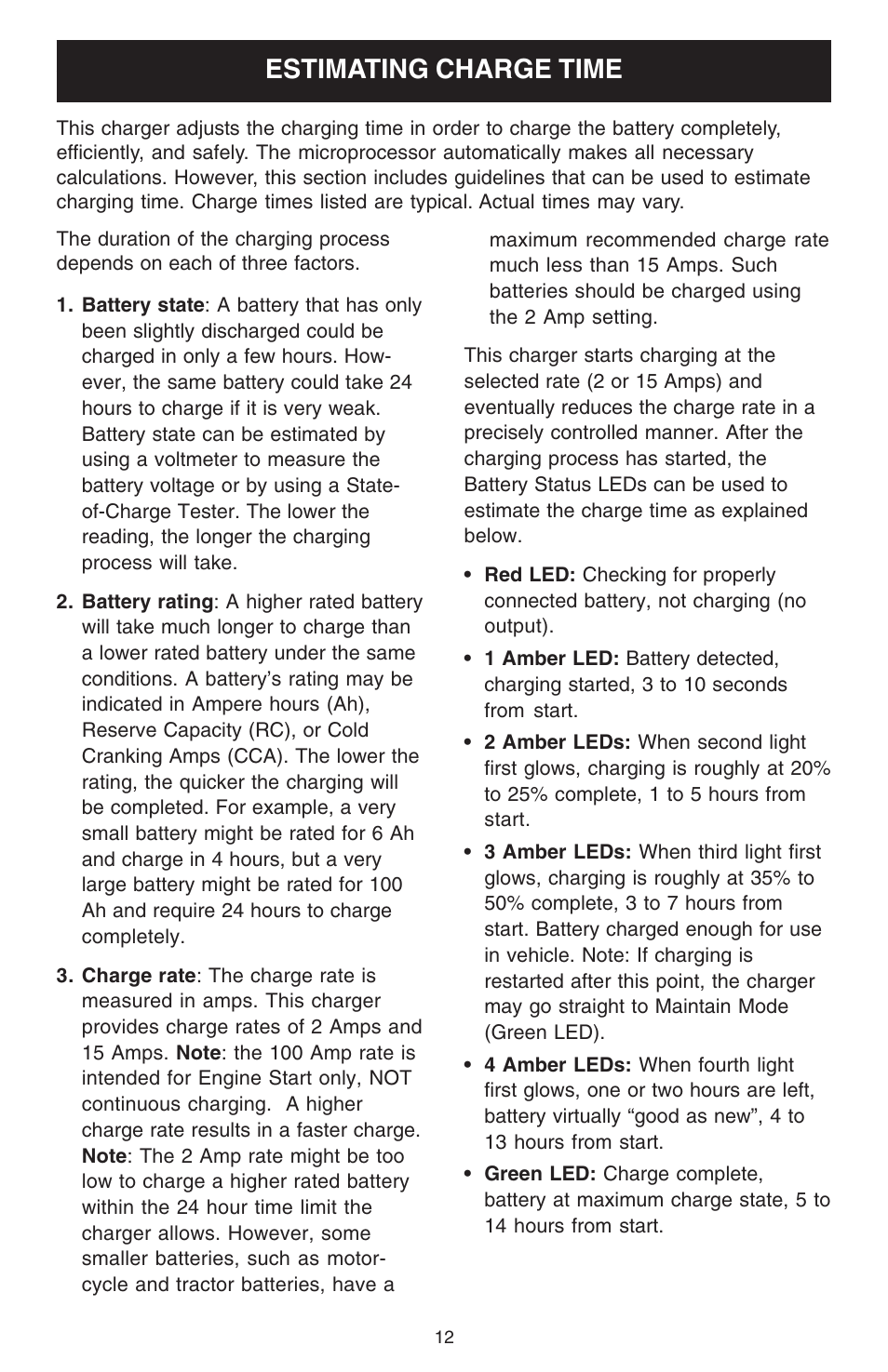 Estimating charge time | Sears 200.71224 User Manual | Page 12 / 16