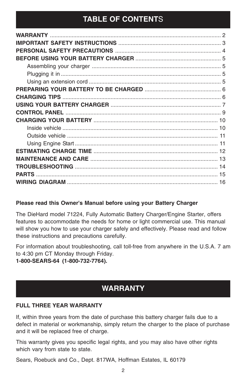 Warranty, Table of content s | Sears 200.71224 User Manual | Page 2 / 16