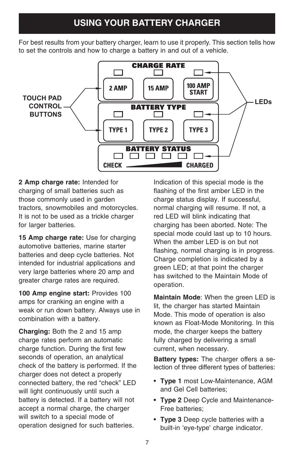 Using your battery charger | Sears 200.71224 User Manual | Page 7 / 16