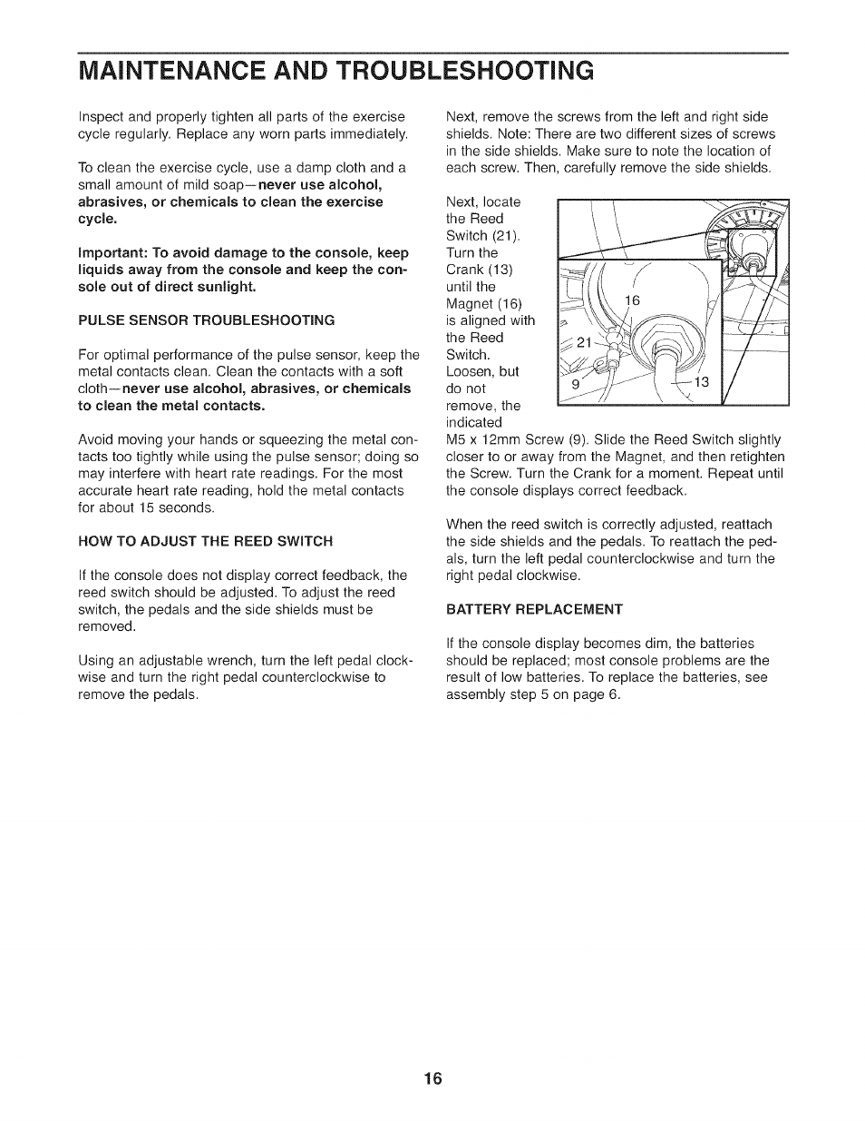 Pulse sensor troubleshooting, How to adjust the reed switch, Battery replacement | Maintenance and troubleshooting | Sears PROFORM XP 100U 831.21641.1 User Manual | Page 16 / 20