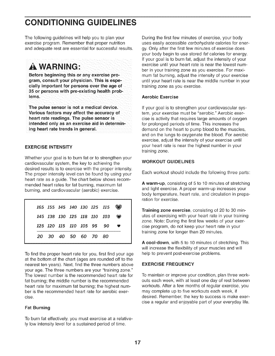 Fat burning, Aerobic exercise, Workout guidelines | Exercise frequency, Conditioning guidelines, A warning | Sears PROFORM XP 100U 831.21641.1 User Manual | Page 17 / 20