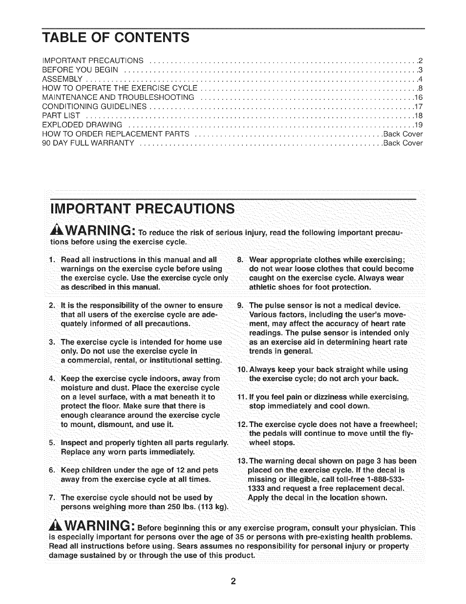 Sears PROFORM XP 100U 831.21641.1 User Manual | Page 2 / 20