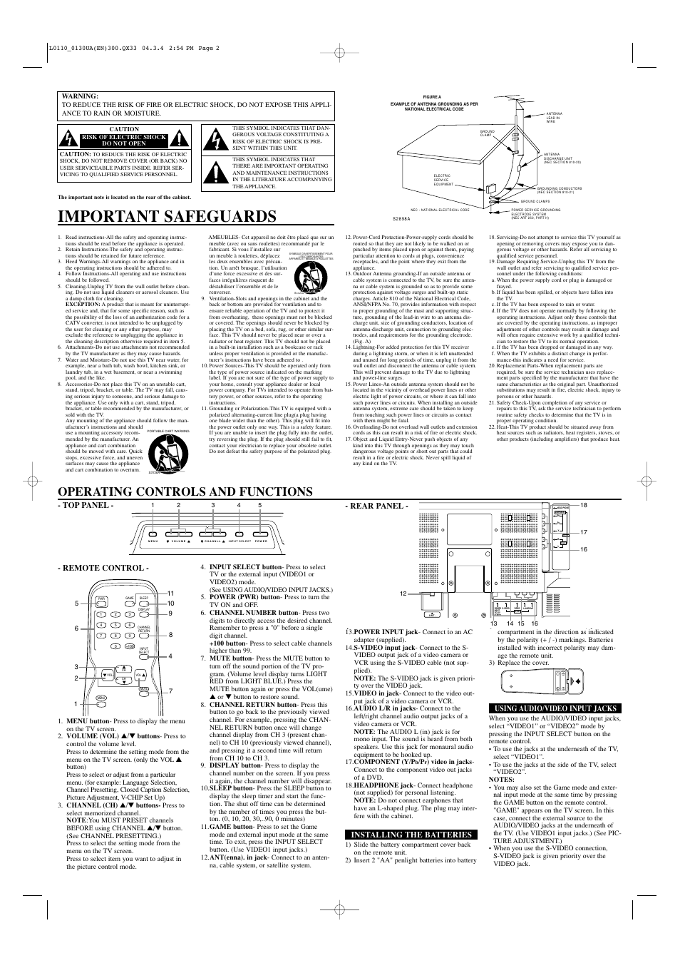 Important safeguards, Operating controls and functions, Rear panel | Installing the batteries, Remote control, Using audio/video input jacks, Top panel | Sears SRTL313  ES User Manual | Page 2 / 8