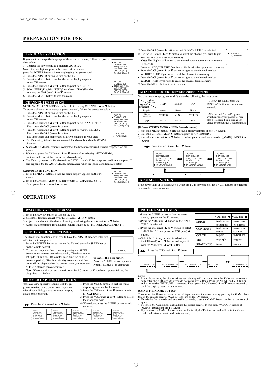 Preparation for use, Operations | Sears SRTL313  ES User Manual | Page 3 / 8