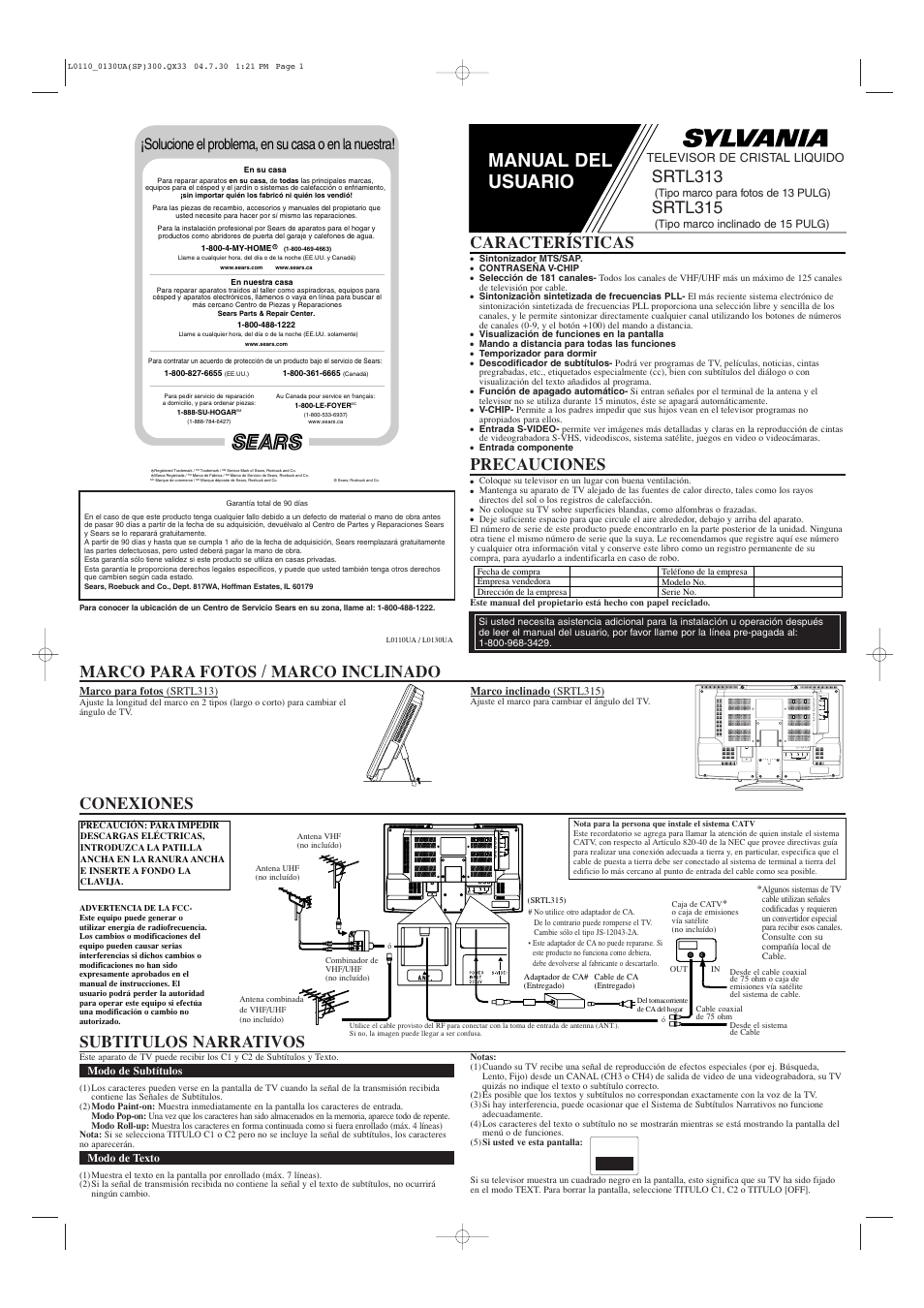 Manual del usuario, Conexiones, Srtl313 | Srtl315, Marco para fotos / marco inclinado, Características, Precauciones, Subtitulos narrativos, Solucione el problema, en su casa o en la nuestra, Televisor de cristal liquido | Sears SRTL313  ES User Manual | Page 5 / 8