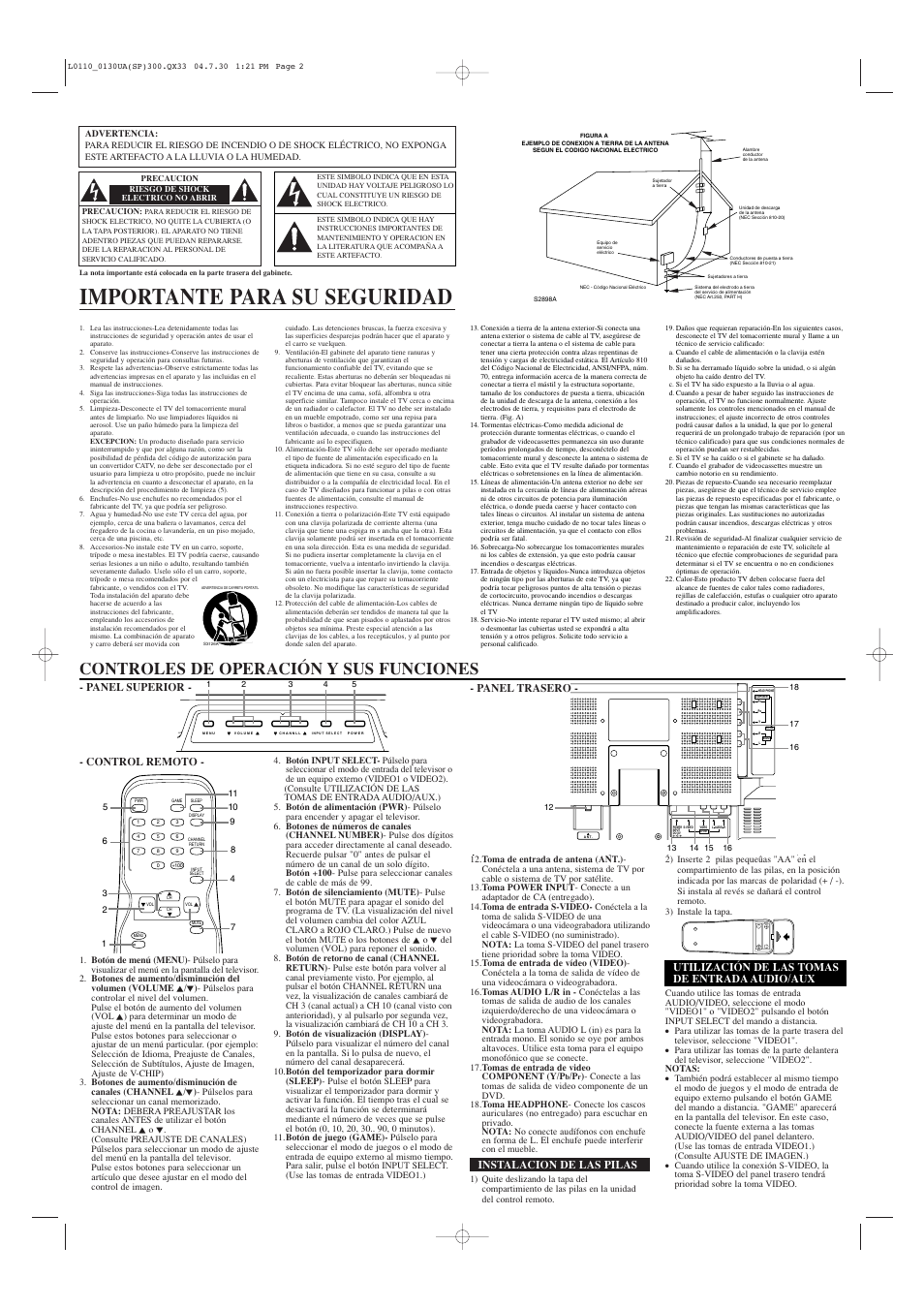 Importante para su seguridad, Controles de operación y sus funciones, Panel trasero | Instalacion de las pilas, Control remoto, Panel superior, Utilización de las tomas de entrada audio/aux | Sears SRTL313  ES User Manual | Page 6 / 8