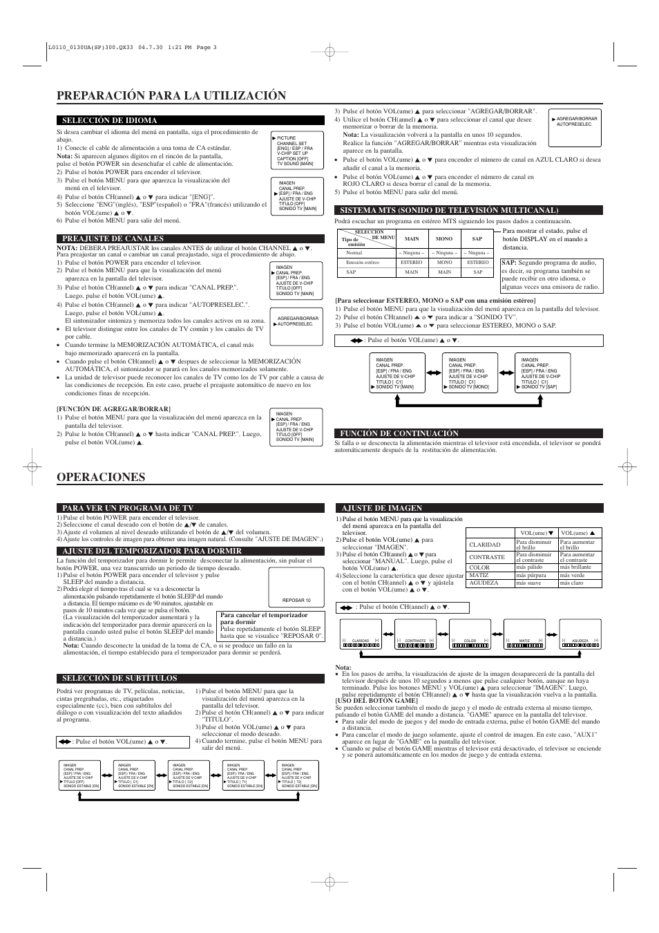 Preparación para la utilización, Operaciones | Sears SRTL313  ES User Manual | Page 7 / 8