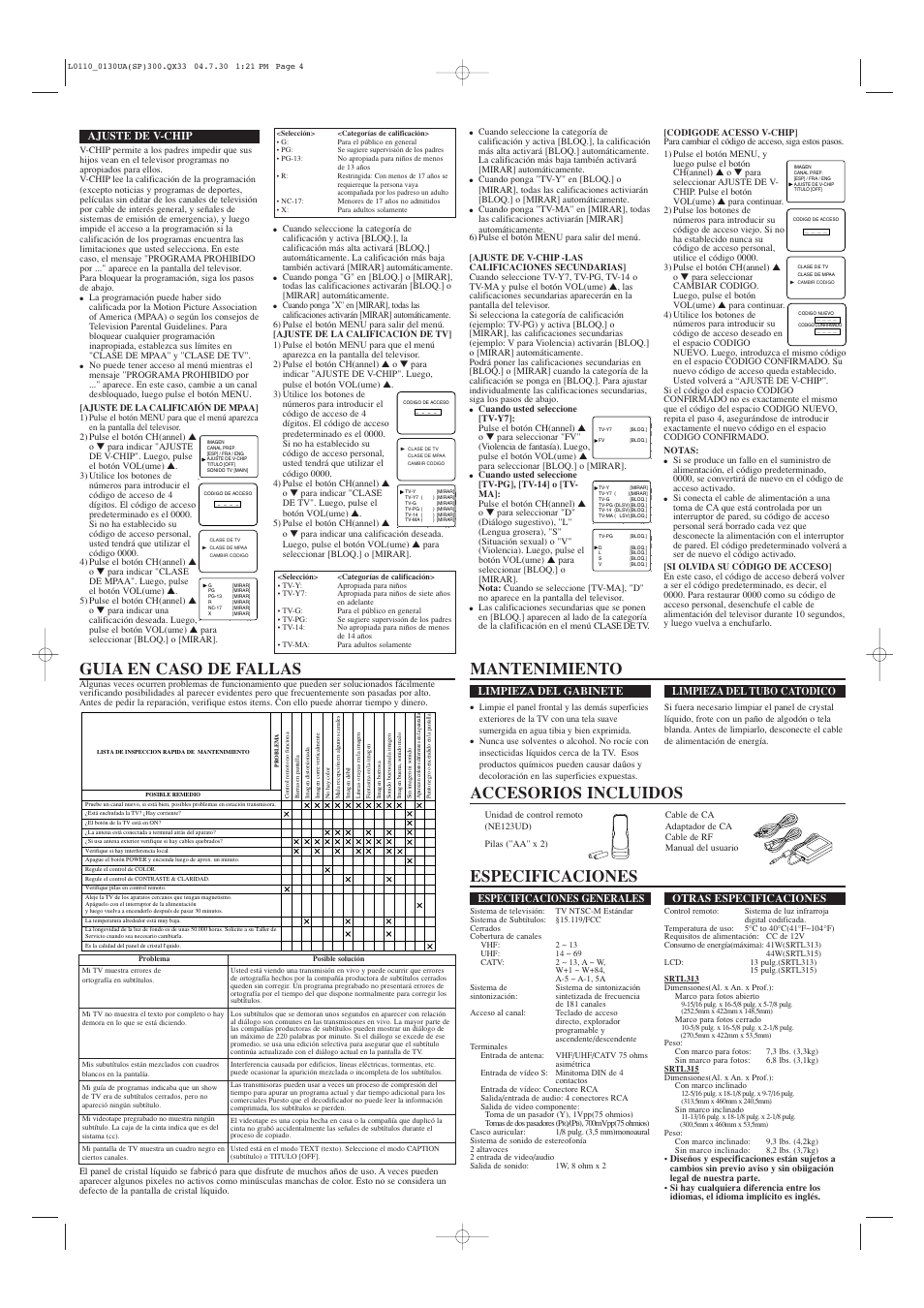 Especificaciones generales, Otras especificaciones, Limpieza del gabinete | Limpieza del tubo catodico, Ajuste de v-chip | Sears SRTL313  ES User Manual | Page 8 / 8