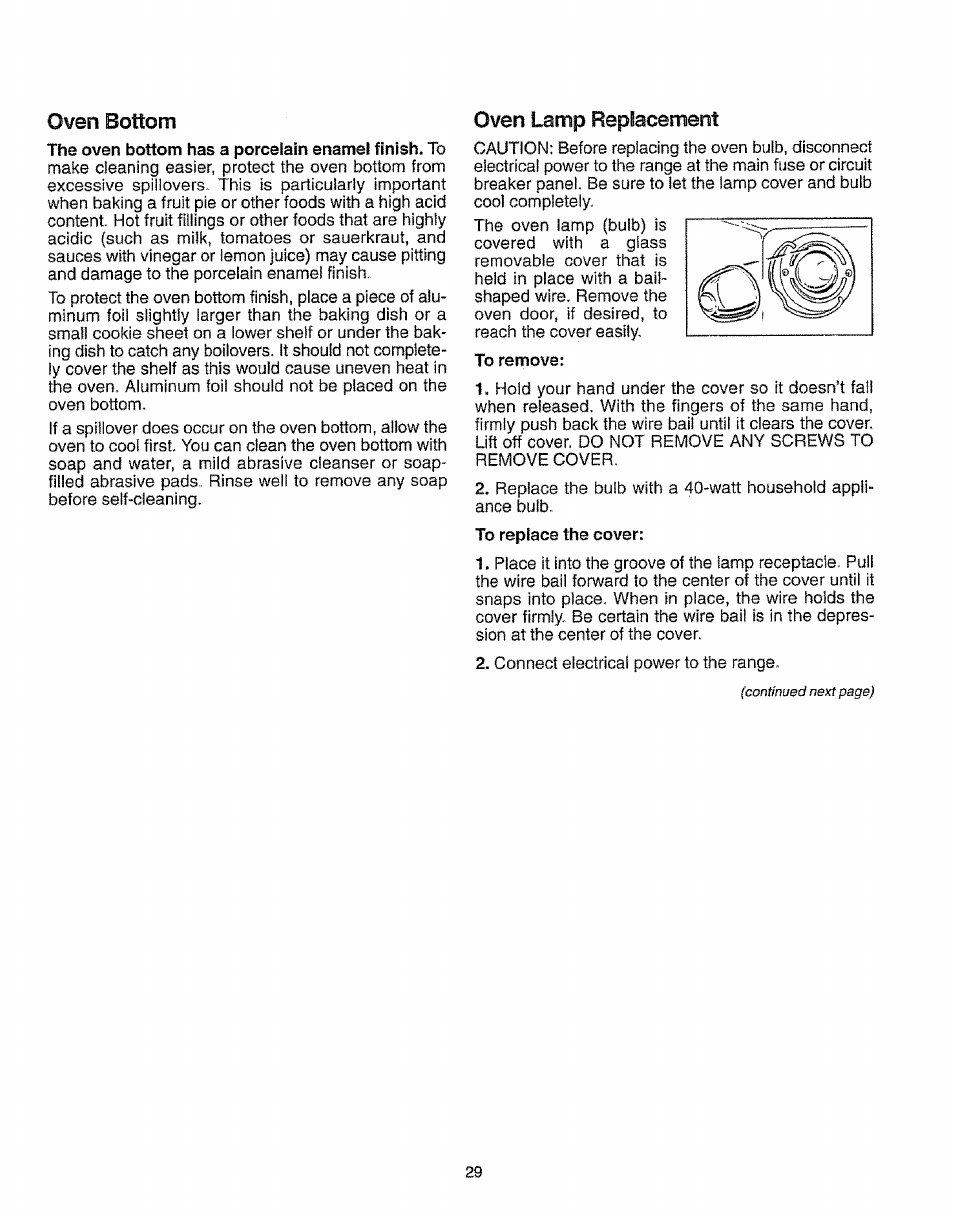 Oven bottom, Oven lamp replacement | Sears KENMORE 73318 User Manual | Page 30 / 39