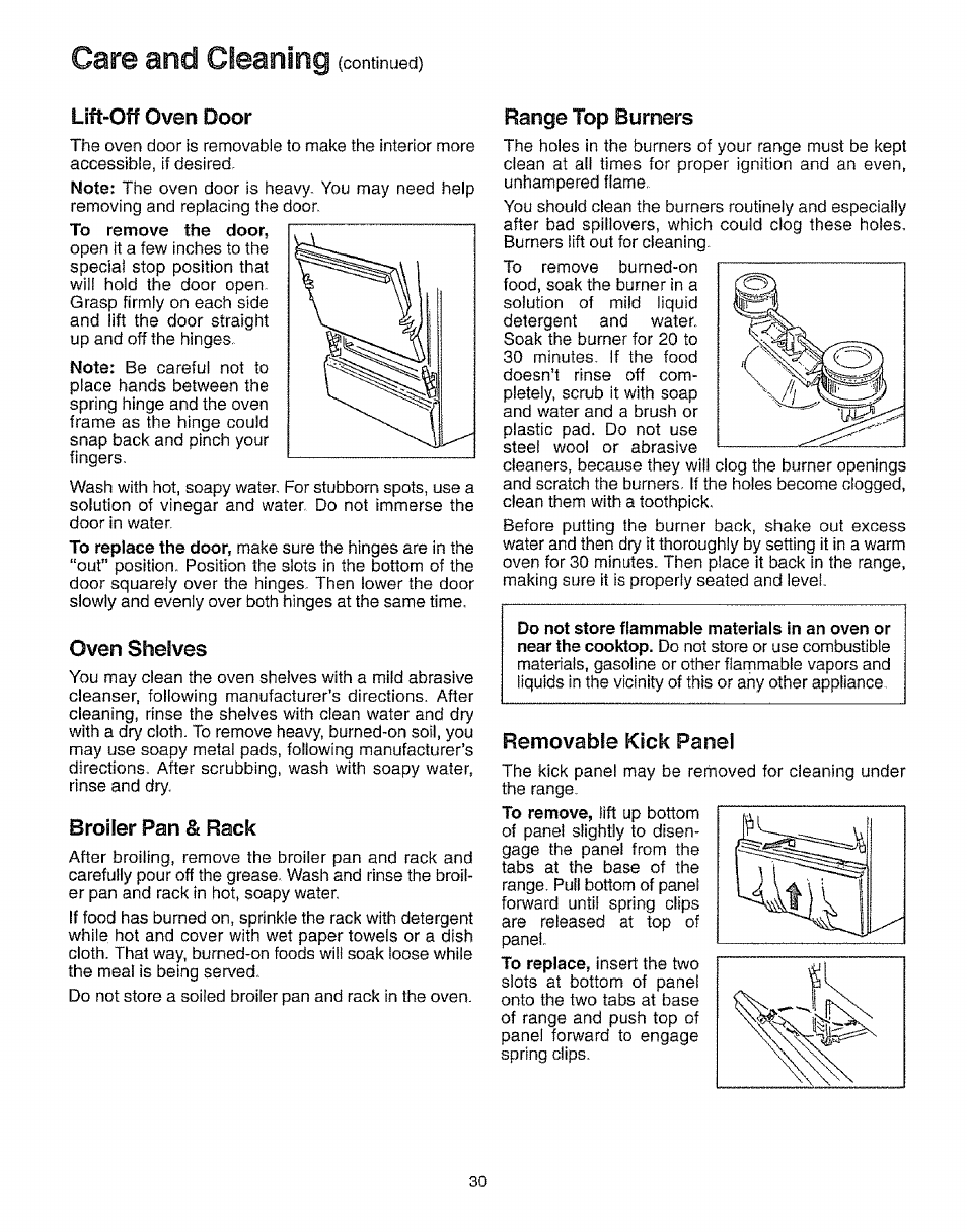 Care and cleaning (continugd), Lift-off oven door, Oven shelves | Broiler pan 8t rack, Range top burners, Removable kick panel, Care and cleaning, Broiler pan, Rack | Sears KENMORE 73318 User Manual | Page 31 / 39