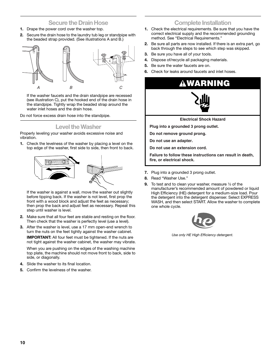 Warning, Secure the drain hose, Level the washer | Complete installation | Sears 110.4778* User Manual | Page 10 / 80