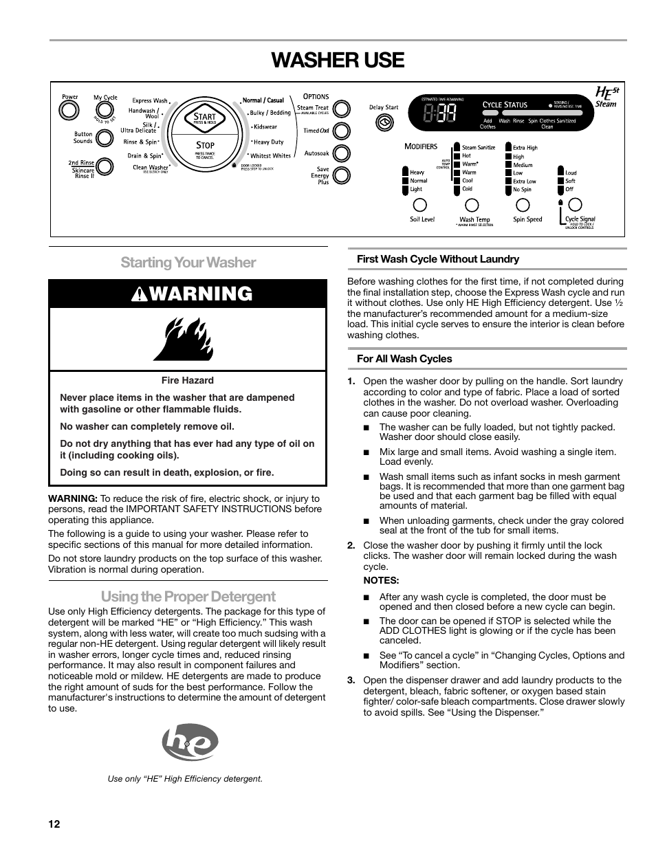 Washer use, Warning, Starting your washer | Using the proper detergent | Sears 110.4778* User Manual | Page 12 / 80