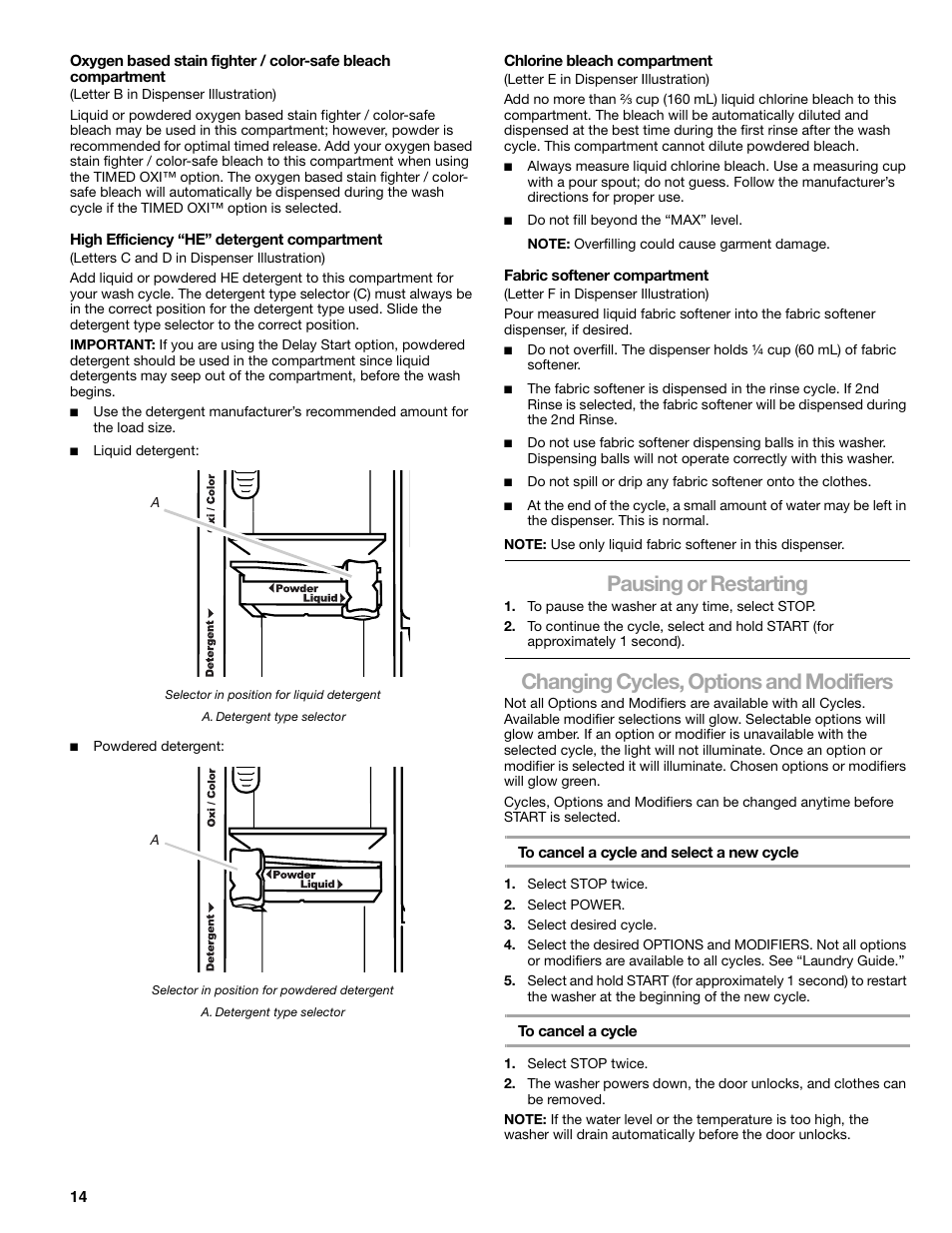 Pausing or restarting, Changing cycles, options and modifiers | Sears 110.4778* User Manual | Page 14 / 80