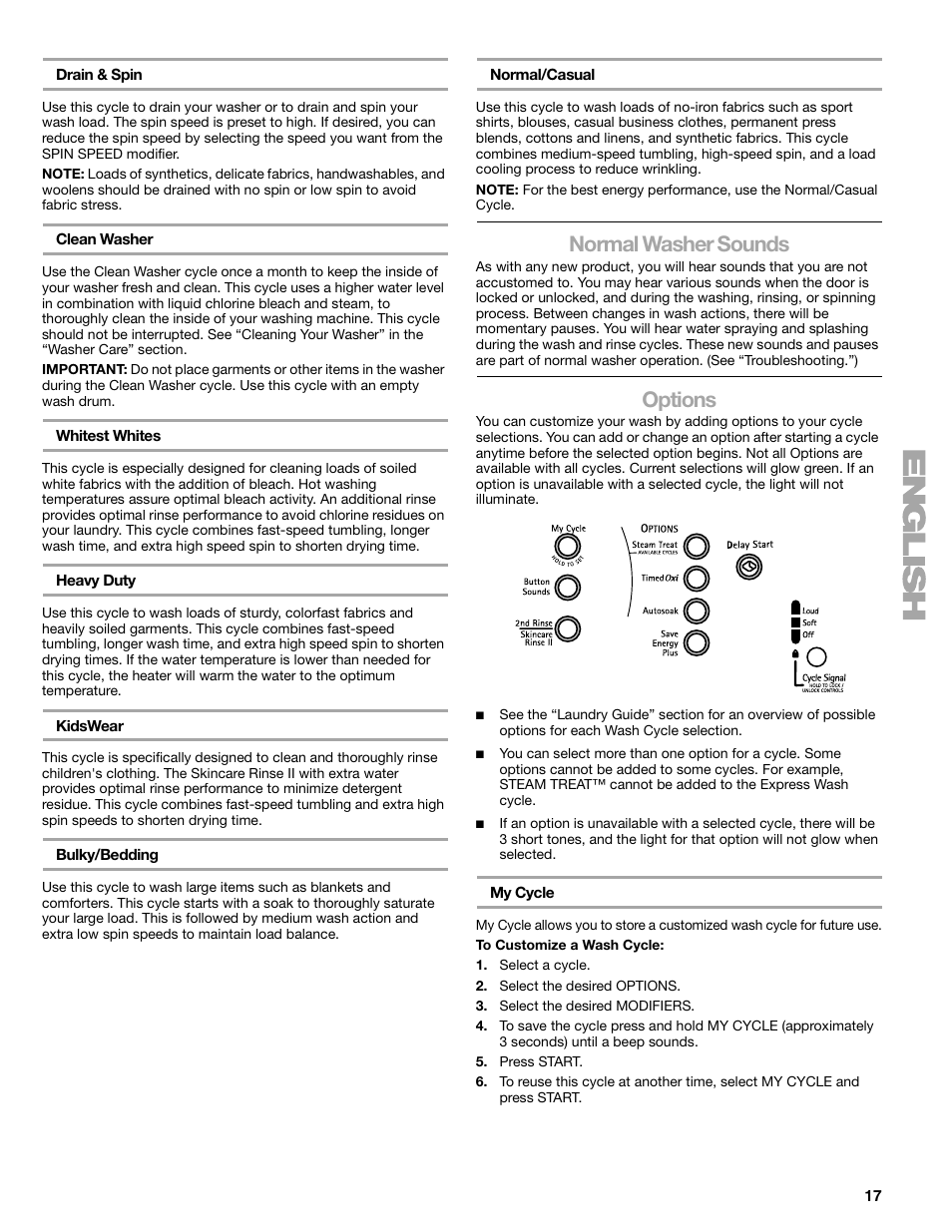 Normal washer sounds, Options | Sears 110.4778* User Manual | Page 17 / 80