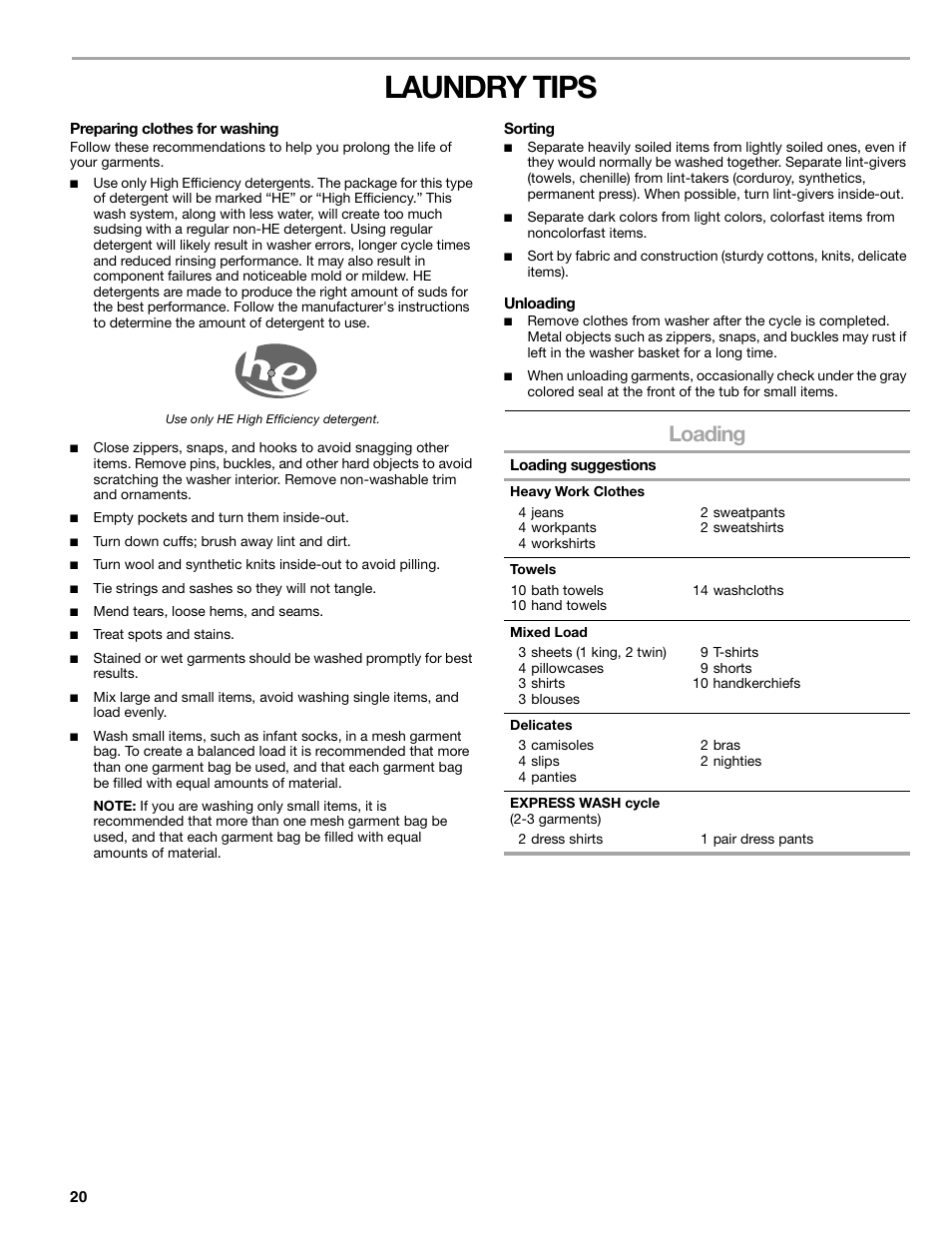 Laundry tips, Loading | Sears 110.4778* User Manual | Page 20 / 80