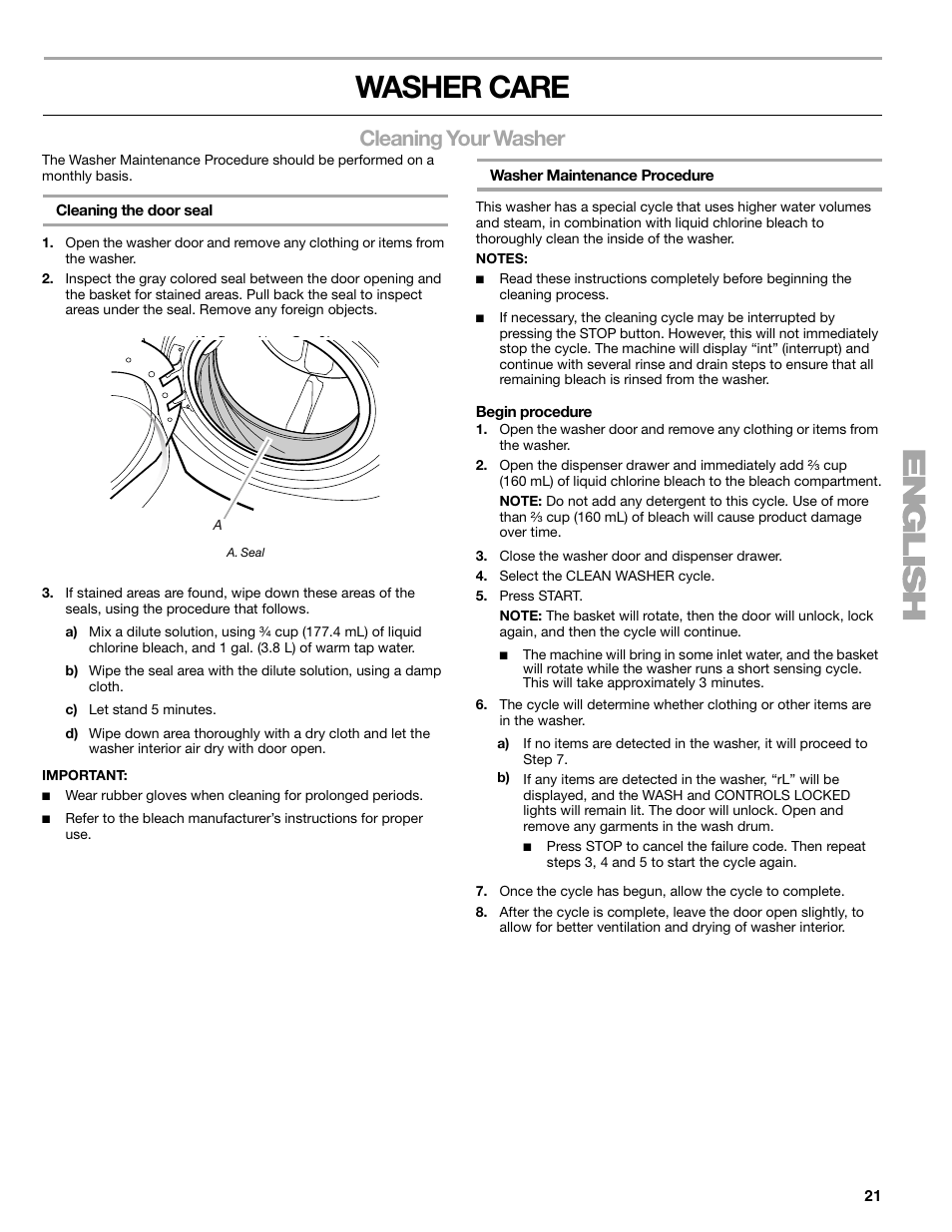 Washer care, Cleaning your washer | Sears 110.4778* User Manual | Page 21 / 80