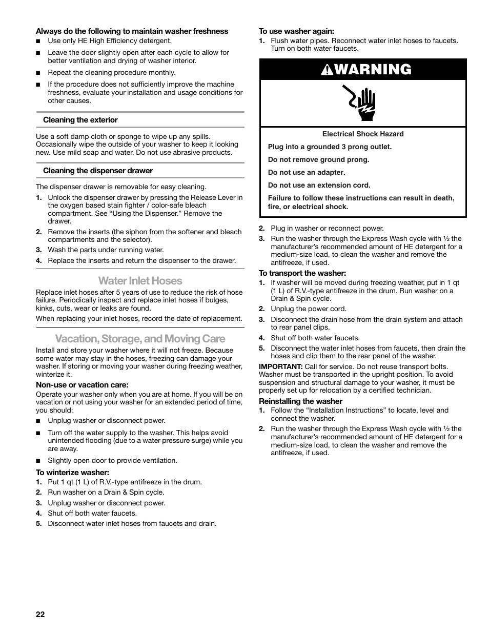 Warning, Water inlet hoses, Vacation, storage, and moving care | Sears 110.4778* User Manual | Page 22 / 80