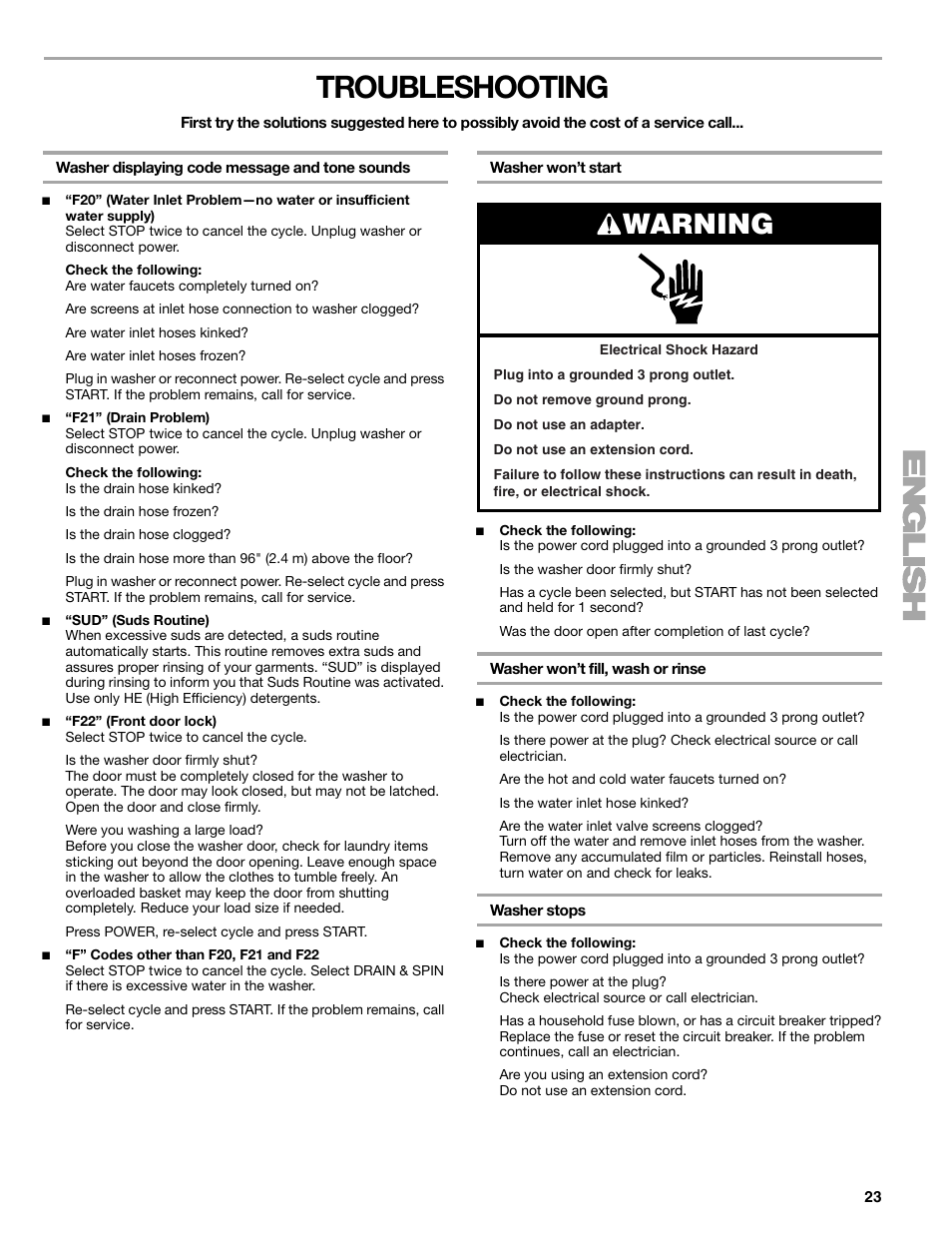 Troubleshooting, Warning | Sears 110.4778* User Manual | Page 23 / 80