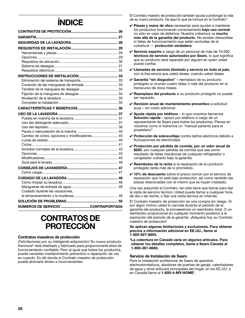 Índice, Contratos de protección | Sears 110.4778* User Manual | Page 26 / 80