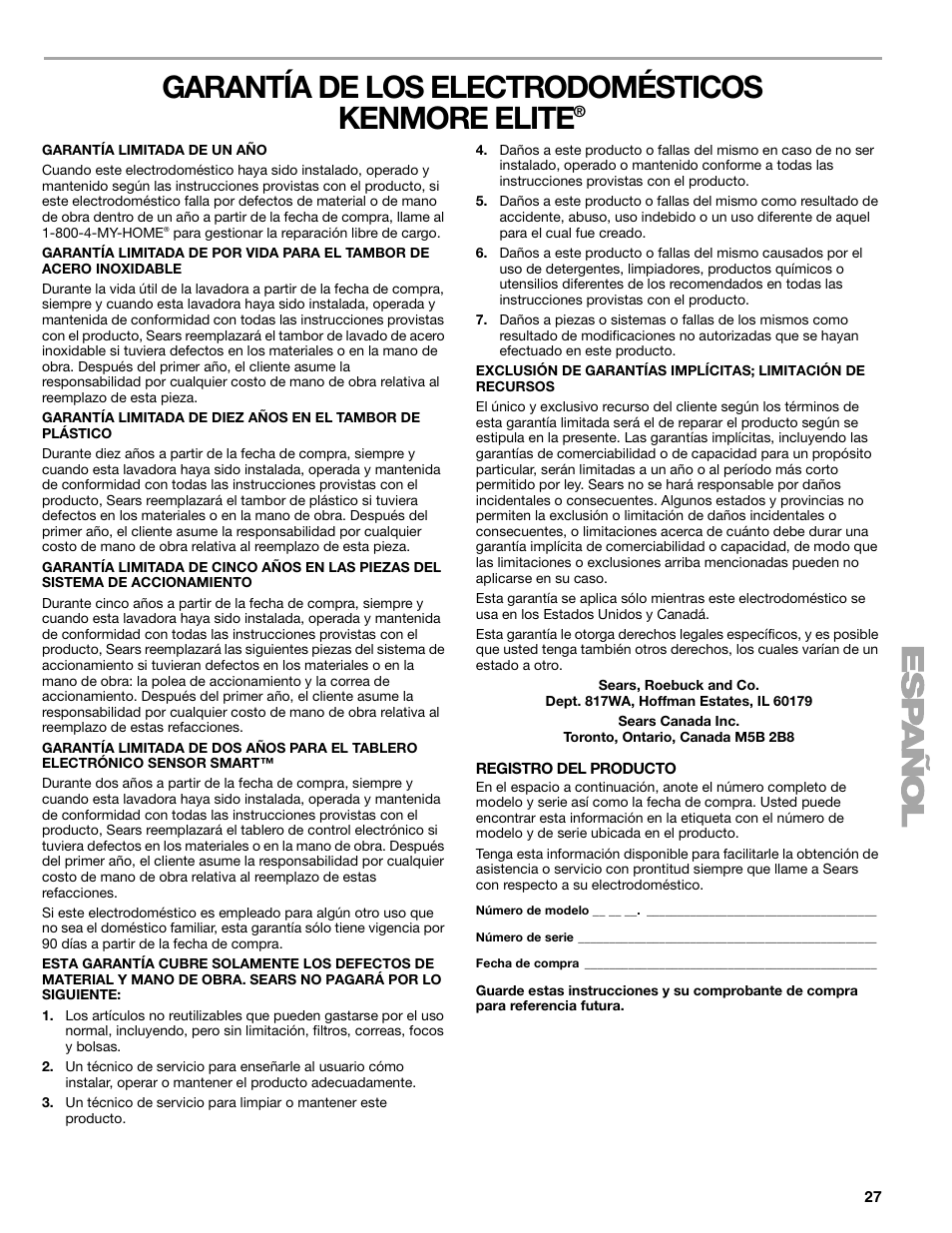 Garantía de los electrodomésticos kenmore elite | Sears 110.4778* User Manual | Page 27 / 80