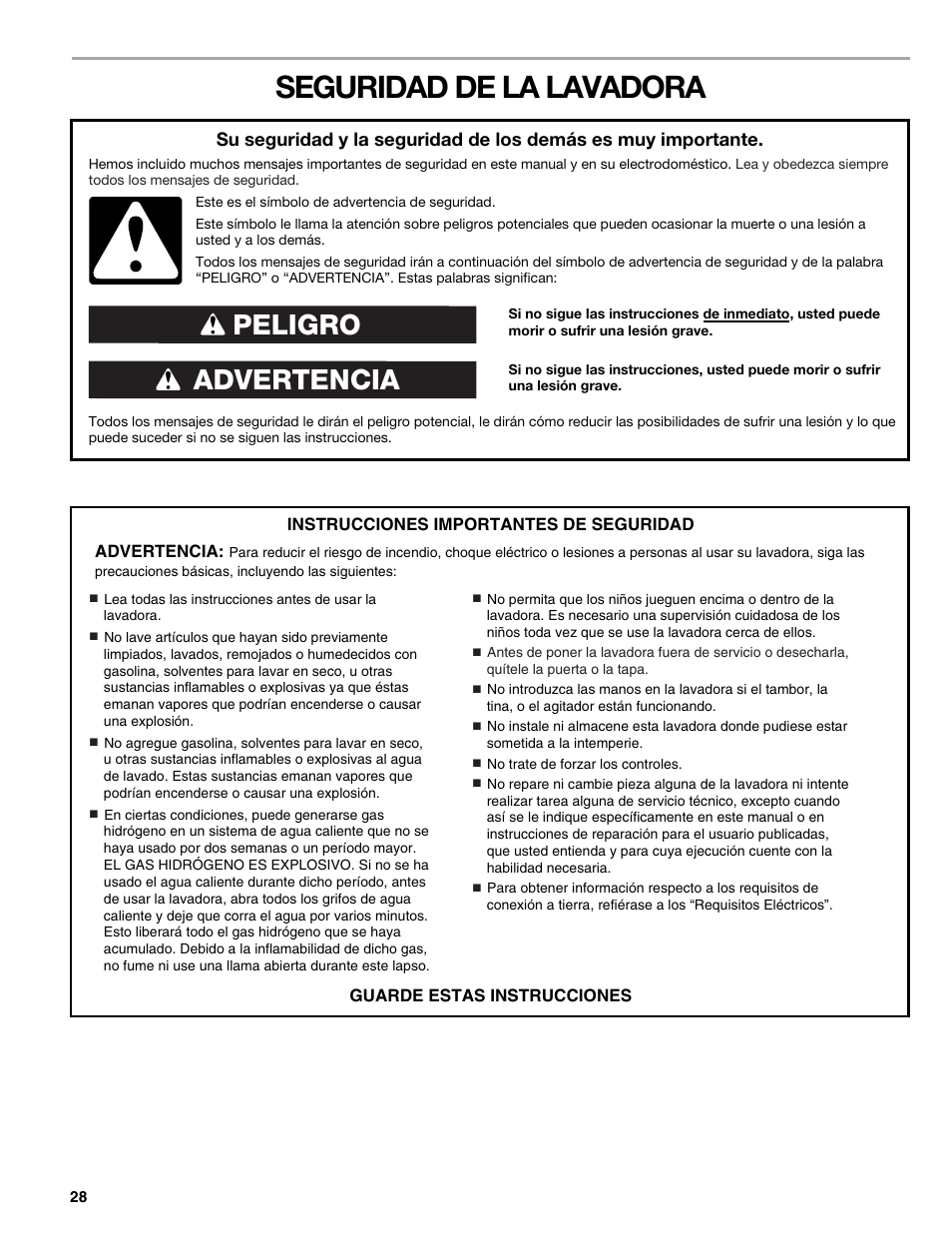 Seguridad de la lavadora, Advertencia peligro | Sears 110.4778* User Manual | Page 28 / 80